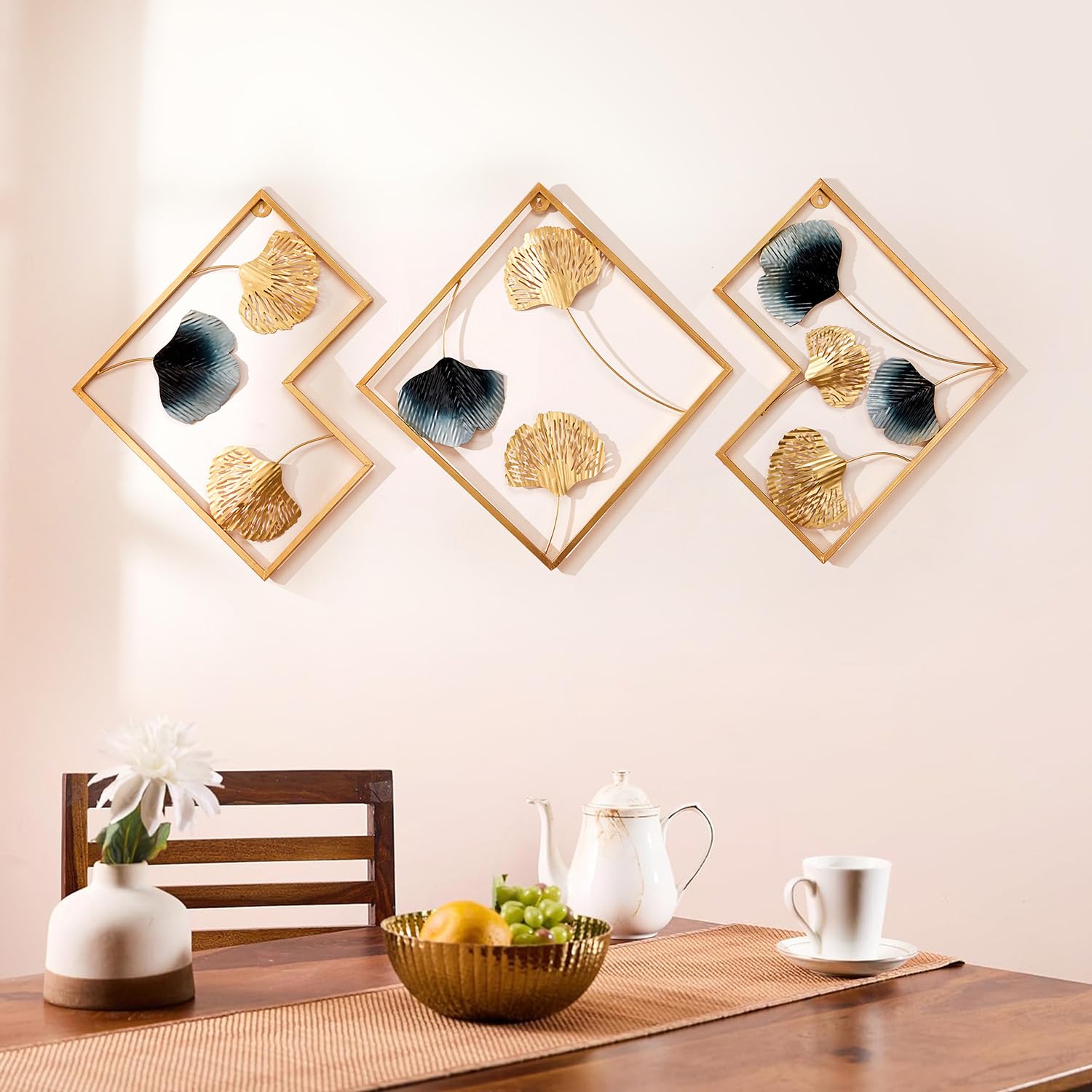 Solimo Metal Leaf Wall Sculpture/Hanging for Living Room | Elegant Iron Wall Art | Sturdy Iron | Wall Hanging | Wall Décor | Easy Installation | 78 x 42 cm | Set of 3