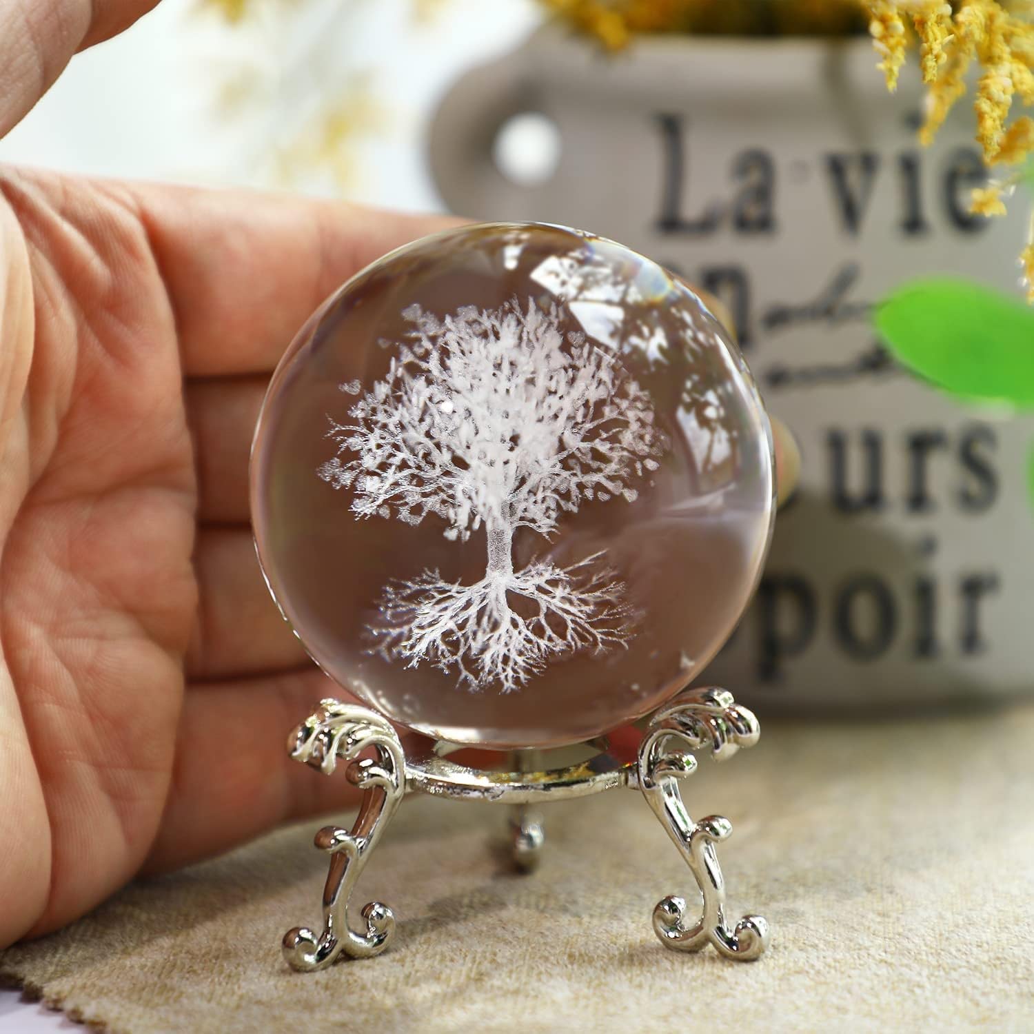 Tree of Life Crystal Ball with Stand Decorative Paperweight 3D Laser Engraved Glass Plant Life Tree Sphere Novelty Home Decor