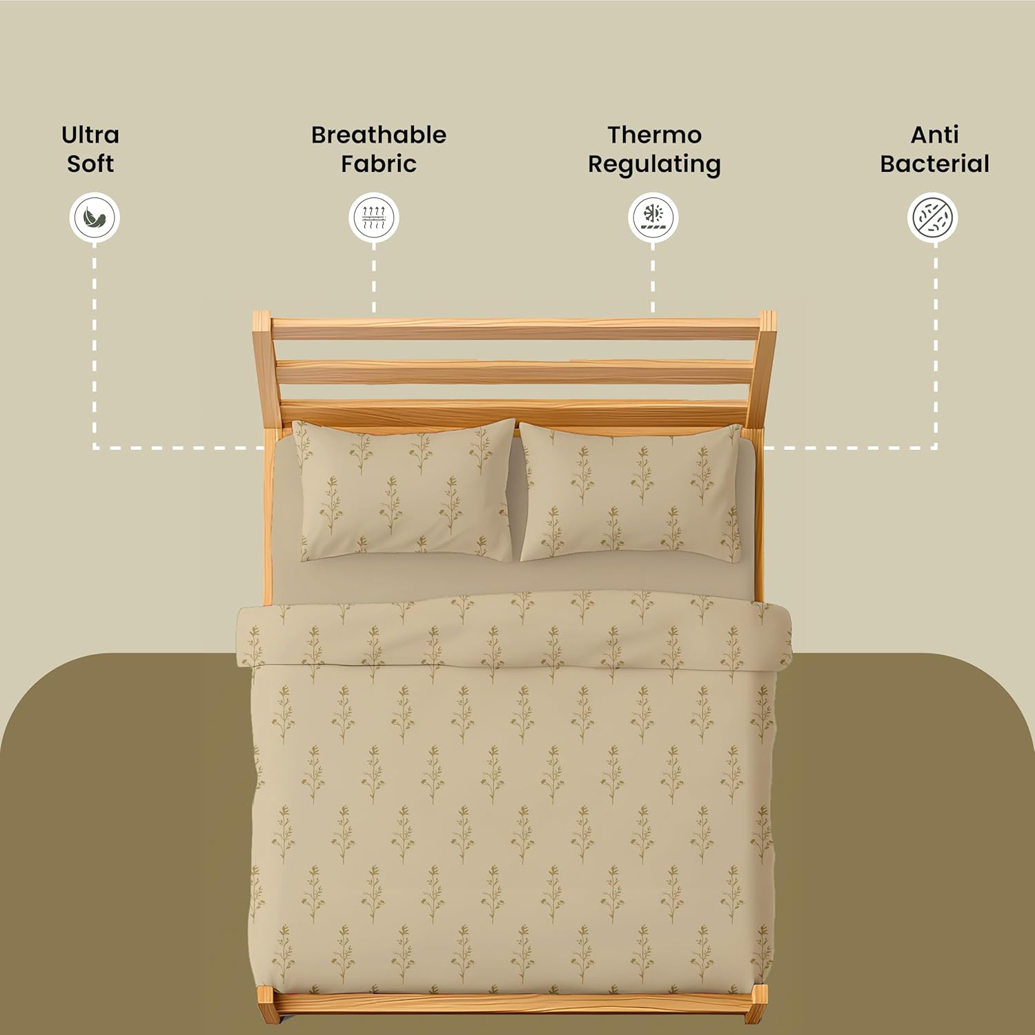 Mush Bamboo King Size Bedsheet with 2 Pillow Covers | 100x106 in | 300 TC Floral Printed Bedsheet for Double Bed King Size | Ultra Soft & Anti-Microbial King Size Sheets | Beige