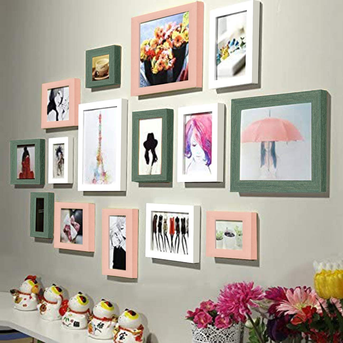 Wall Photo Frame collage for Home Decoration (White, Green, Pink - Set of 15)