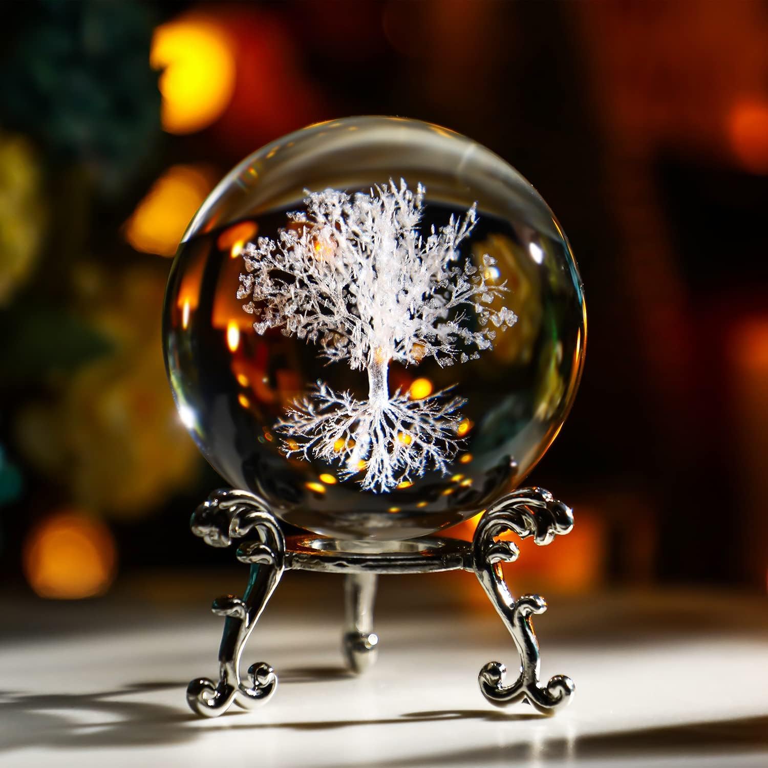 Tree of Life Crystal Ball with Stand Decorative Paperweight 3D Laser Engraved Glass Plant Life Tree Sphere Novelty Home Decor