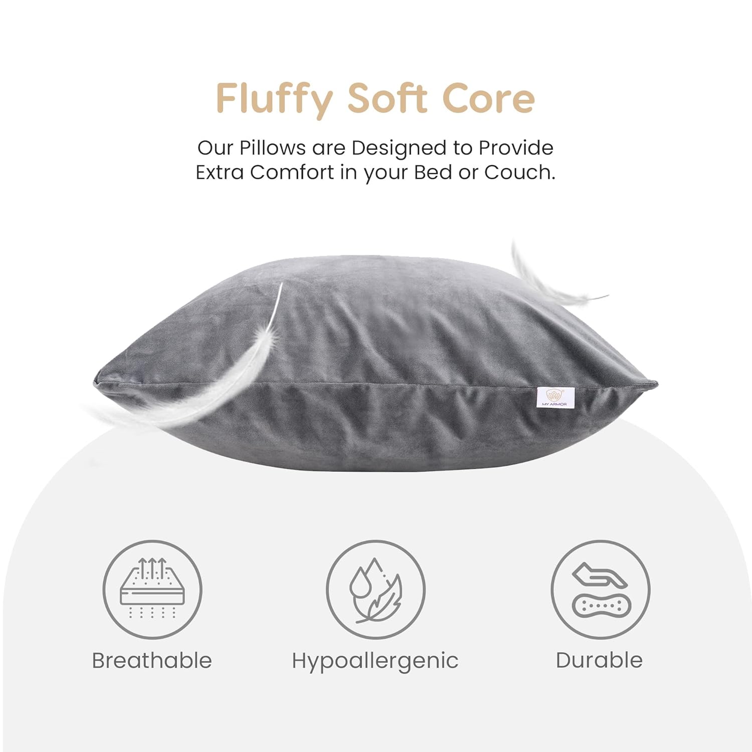 MY ARMOR Microfibre Cushion for Sofa | Set of 5 Soft & Fluffy Square Sofa Cushions | Decorative Sofa Pillows for Bed, Chair, Car & Living Room | Velvet Cover | Grey | 18 x 18 Inch