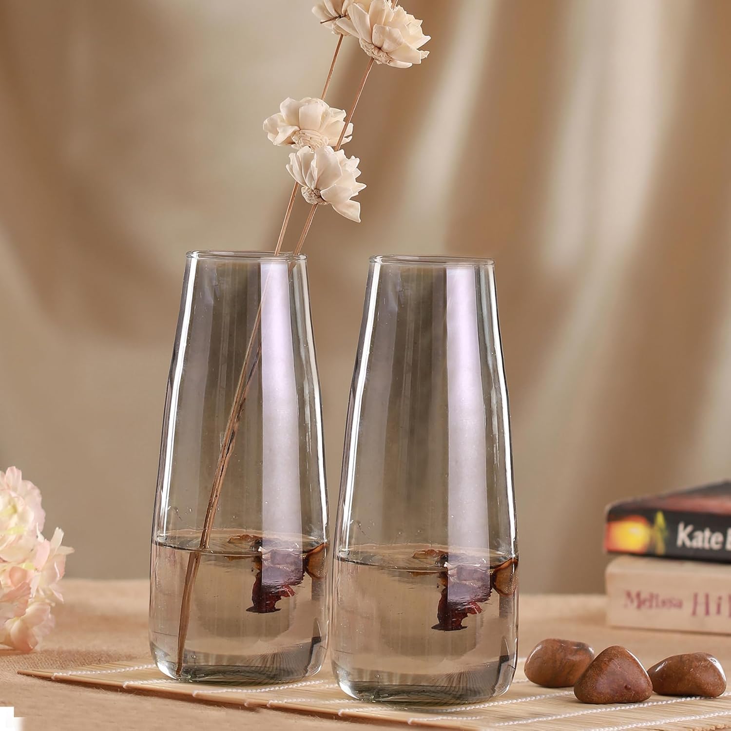 TIED RIBBONS Set of 2 Glass Flower Vase Pot Decorative Home Décor Living Room Water Plants Dining Table Decoration Bedroom Hall House Warming Gift