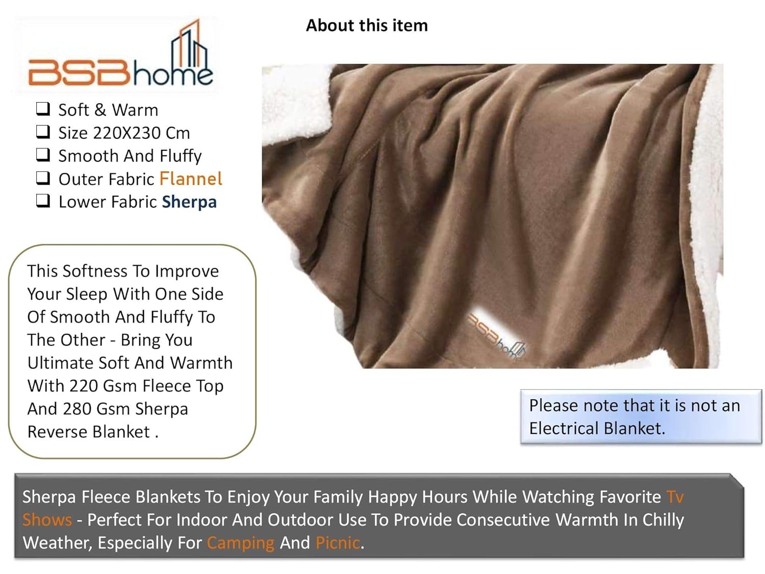BSB HOME Polyester Micromink Summer Ac/Mild Winter/Heavy Winter Sherpa Blanket Super Soft Flannel Solid/Plain, Brown, Size 150 X 228 Cms (Approx 4X7 Ft) (Single), 200 TC