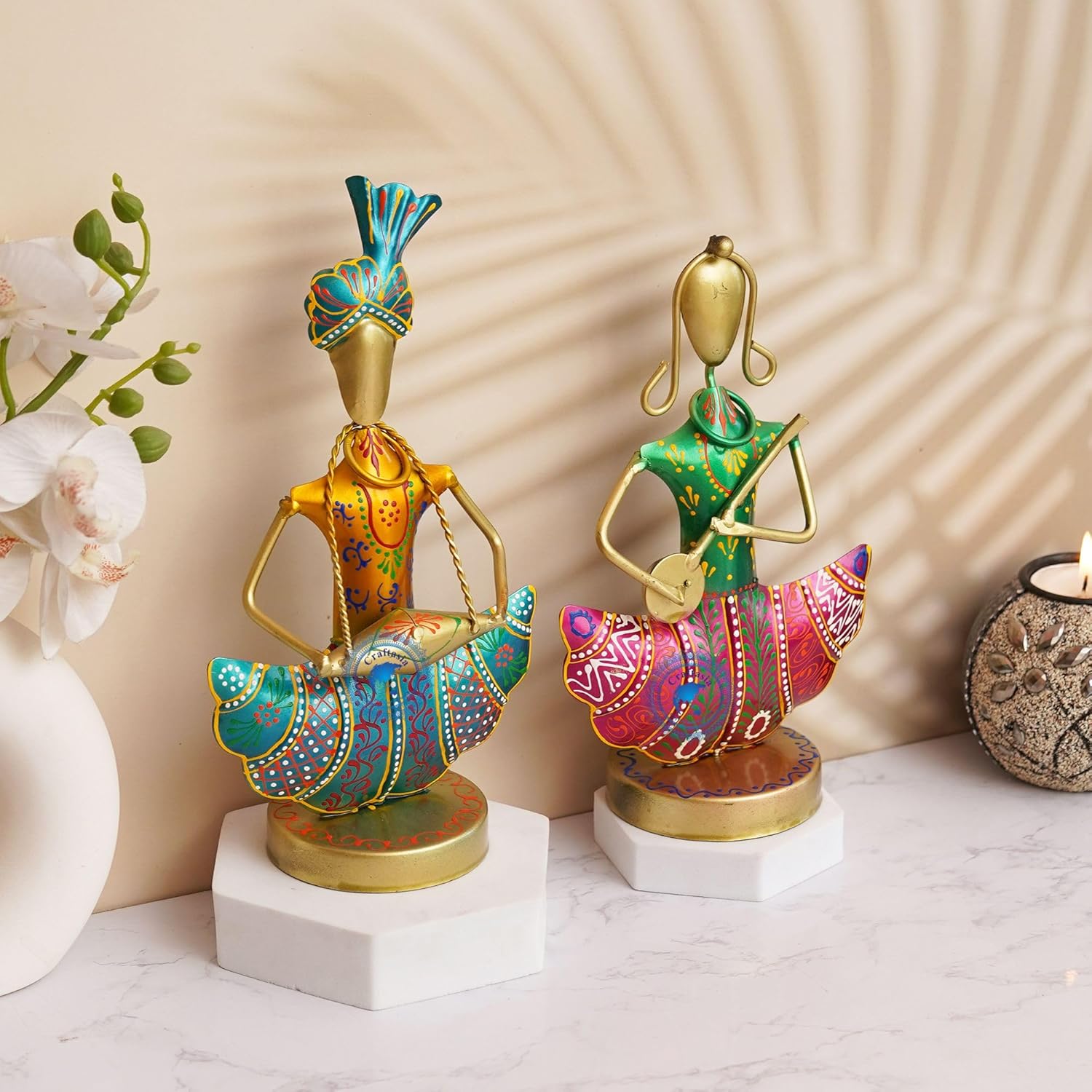 Metal Rajasthani Musicians Set of 2 Showpiece, Table Decorative Items, Decorative Items for Home,Antique Gift Items, Vintage Showpiece, Home Decoration Items. (Couple)