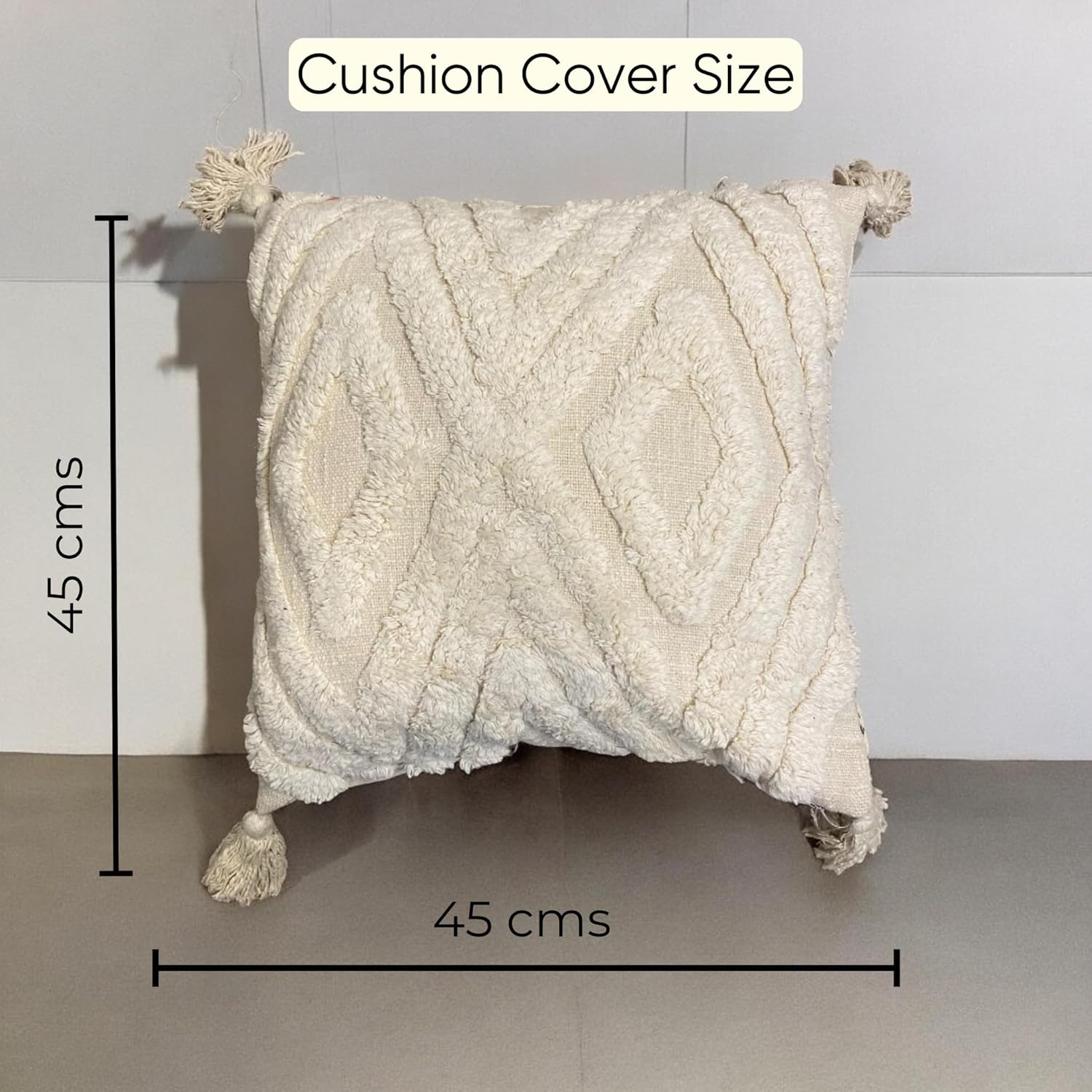 Modern Chevron Tufted Cushion Cover, 18x18 Inches - White Cotton Slub with Tassels, Decorative Throw Pillow Case for Living Room, Bedroom, Sofa, Couch, (Set of 1)