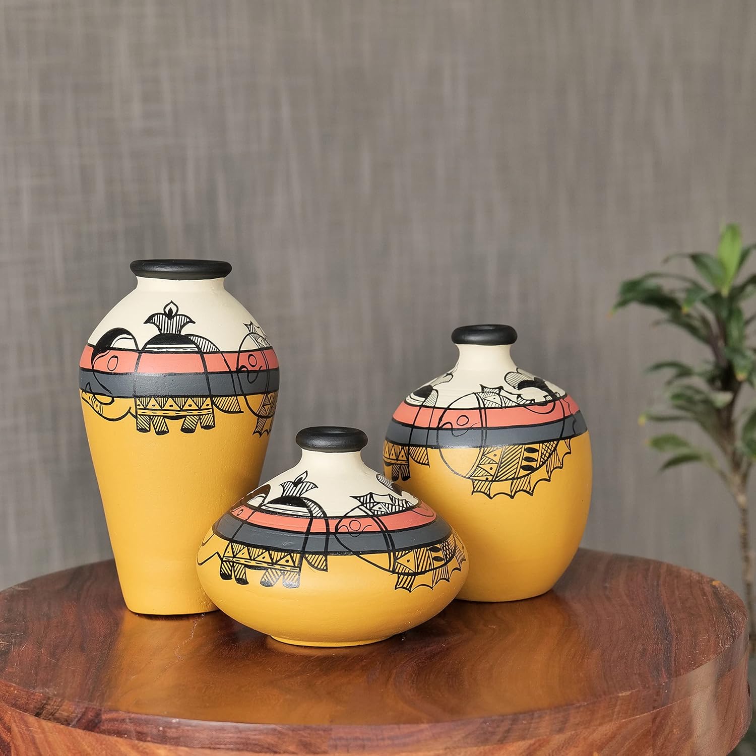 Yellow Handpainted Terracotta Flower Vase, Terracotta Decorative for Home Decor Earthen Flower Vases Pots for Home & Office (Set of 3)