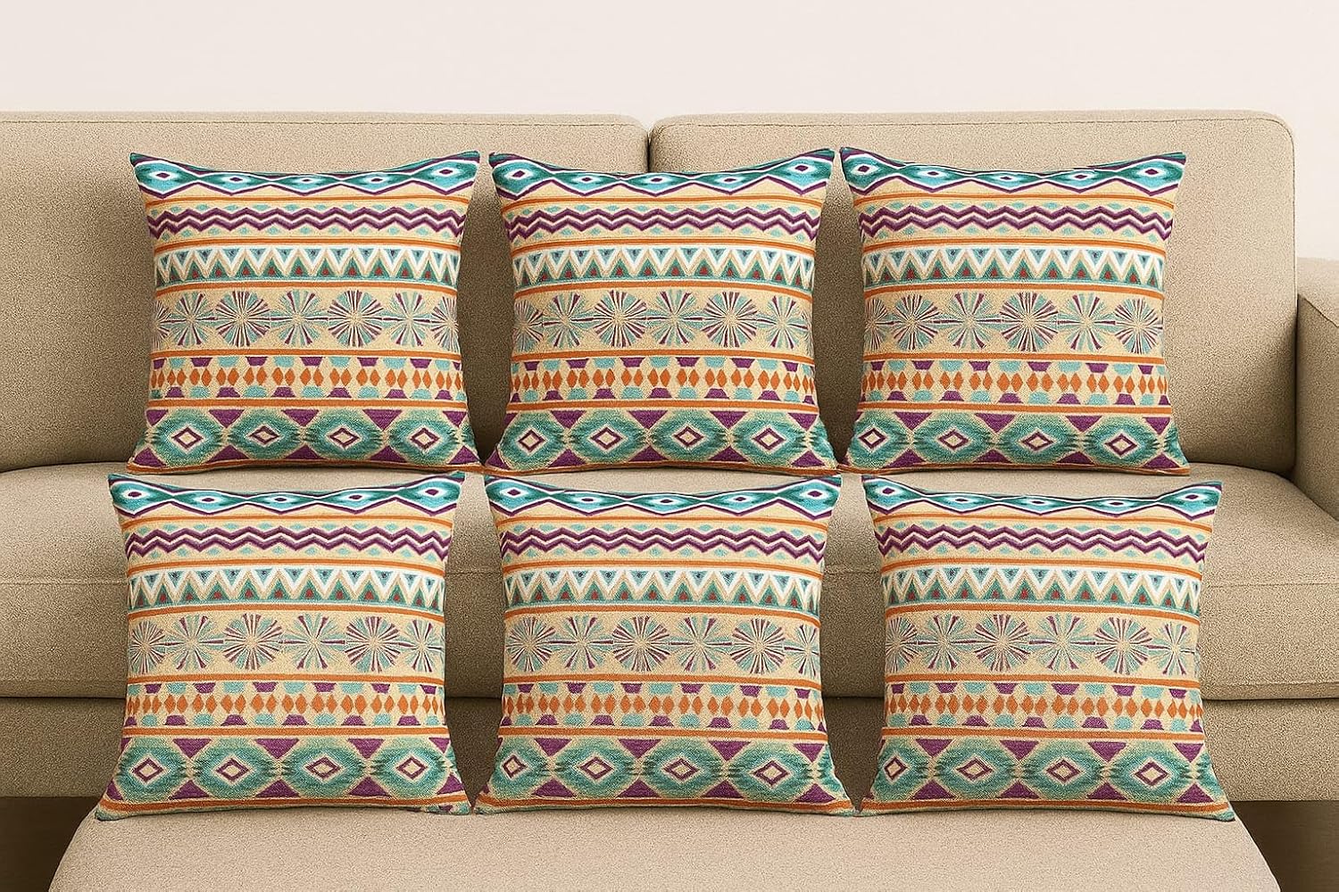 Amaze ATTIRESJute Cushion Cover 18x18 Inch – Set of 6 Decorative Throw Pillow Covers for Sofa, Couch or Bed – Designer Printed Square Cushion Covers – Home Decor (Multi)
