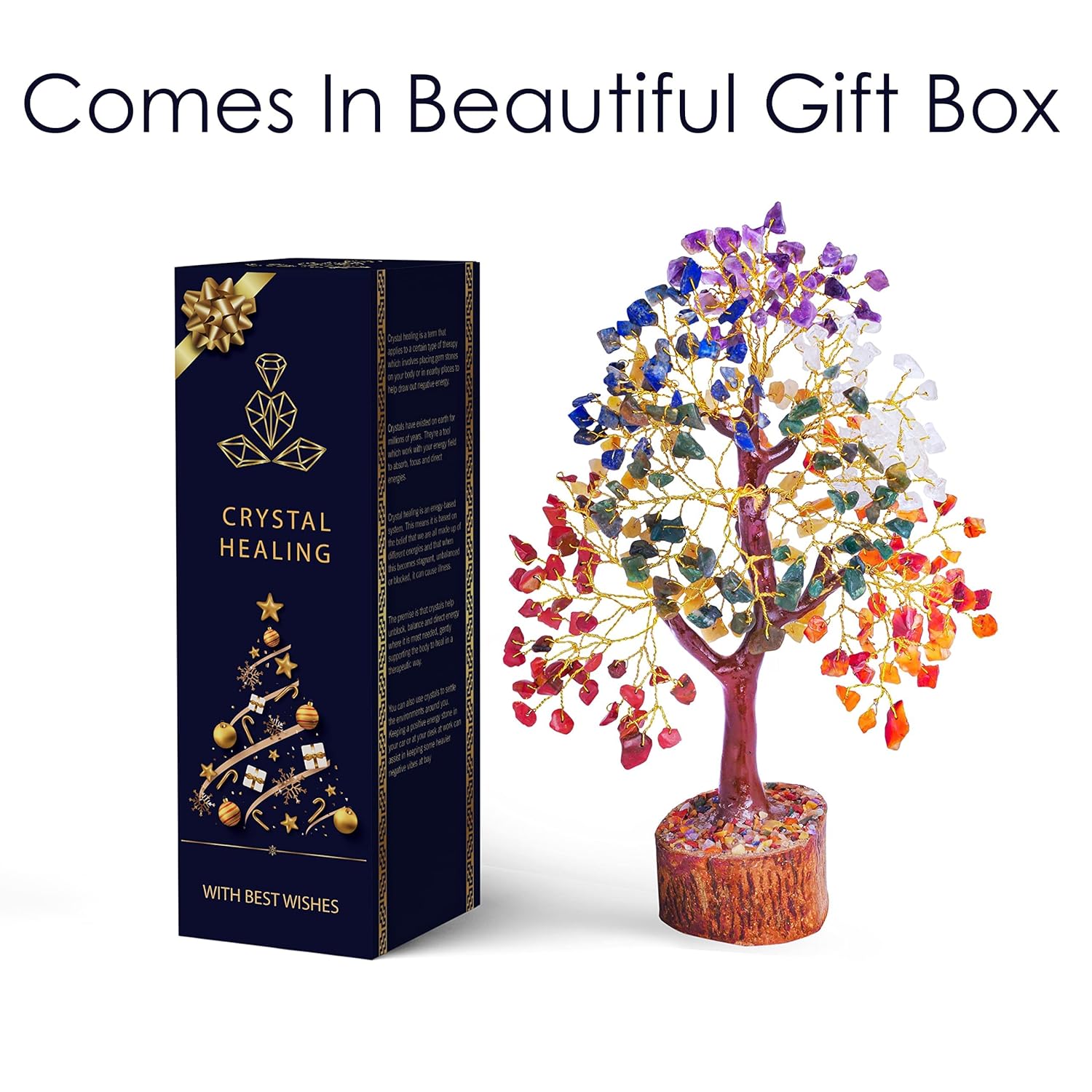 Crystals Gemstones, Seven Chakra Crystal Tree Good Luck Show Pieces for Home Decor Items Decoration Bonsai Money Tree Plant Marriage Gift, Size 10-12 inches, Multicolor Golden Wire