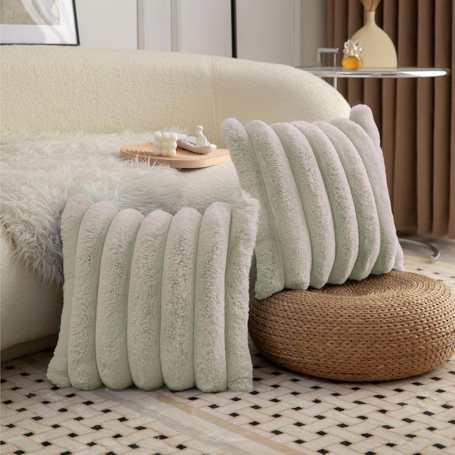 Umi Cushion Covers Luxurious Plush Soft Faux Fur (16x16 Inch) Decorative Cover for Sofa, Set of 2, Taupe