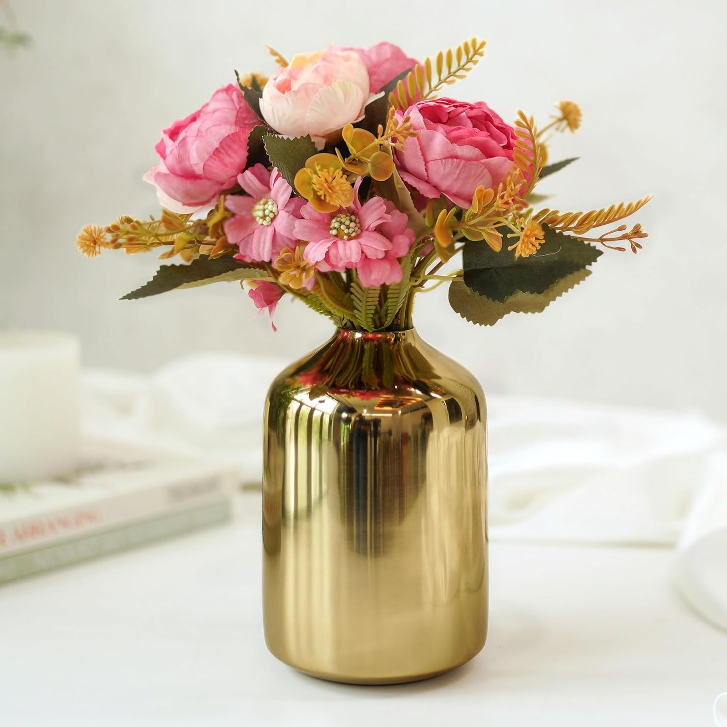 Metal Flower Vase for Home Decor Bedroom Living Room Office Wedding | Table Decorative Item for Festivals Birthday Gold (Flower Not Included, Modern)