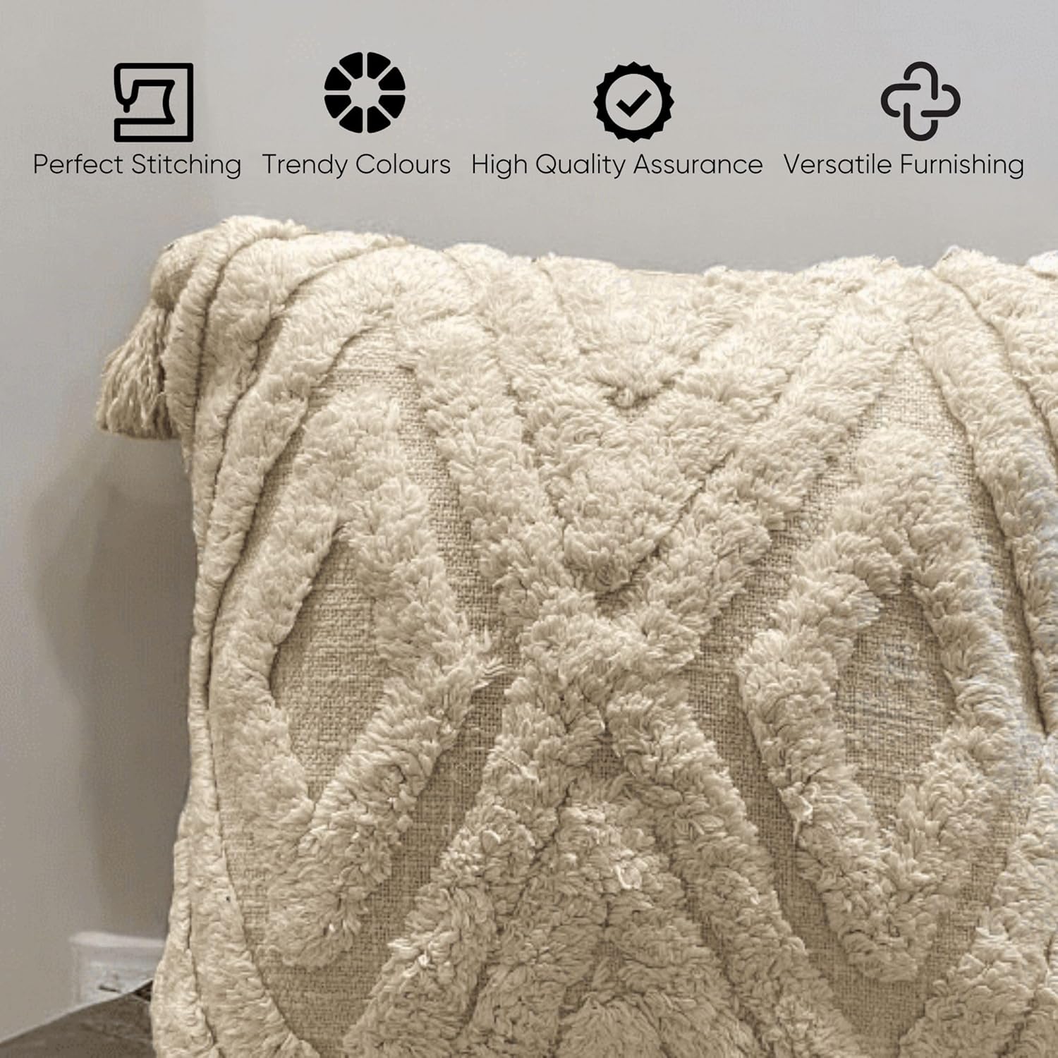 Modern Chevron Tufted Cushion Cover, 18x18 Inches - White Cotton Slub with Tassels, Decorative Throw Pillow Case for Living Room, Bedroom, Sofa, Couch, (Set of 1)