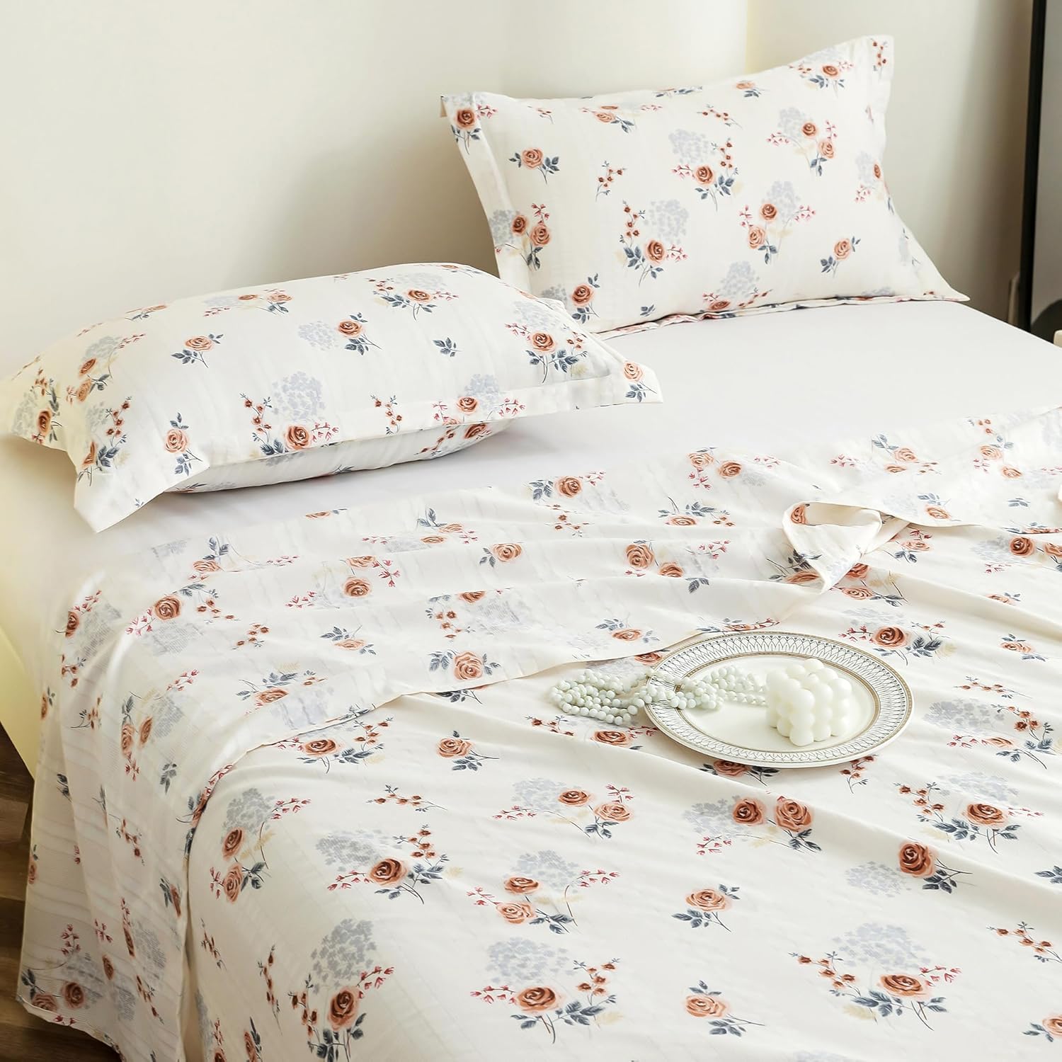 Story@Home Bedsheet for King Size Bed 240TC White & Blue, Motif Design, 1 Piece Cotton bedsheets for King Size Bed with 2 Pillow Covers (270 x270cm) Perfect for Home Decor | 100% Cotton bedsheet