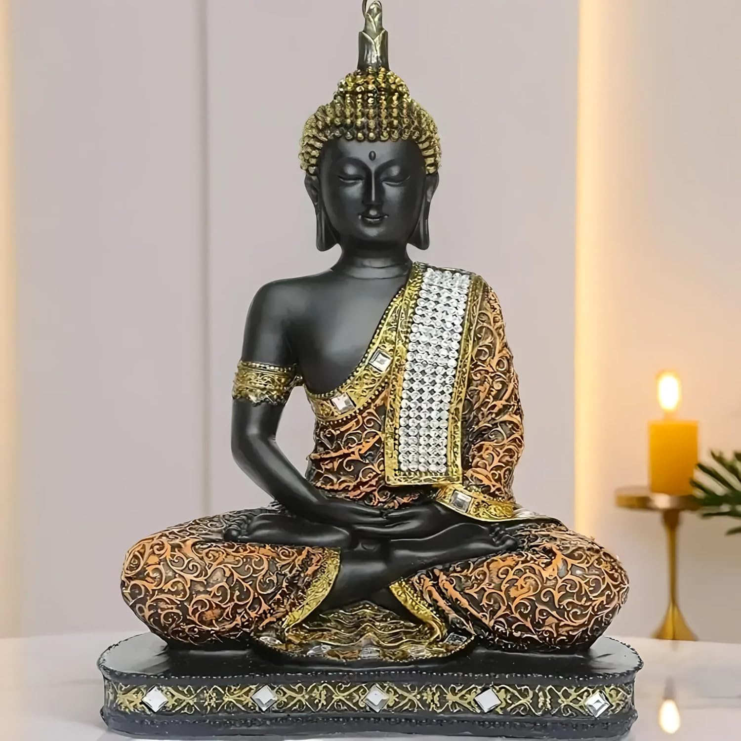 Sitting Buddha Statue showpiece Idol Home Decor Items for Living Room and Gifts (1, Orange Black)