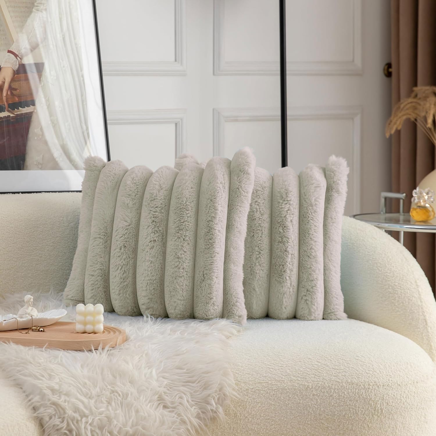 Umi Cushion Covers Luxurious Plush Soft Faux Fur (16x16 Inch) Decorative Cover for Sofa, Set of 2, Taupe