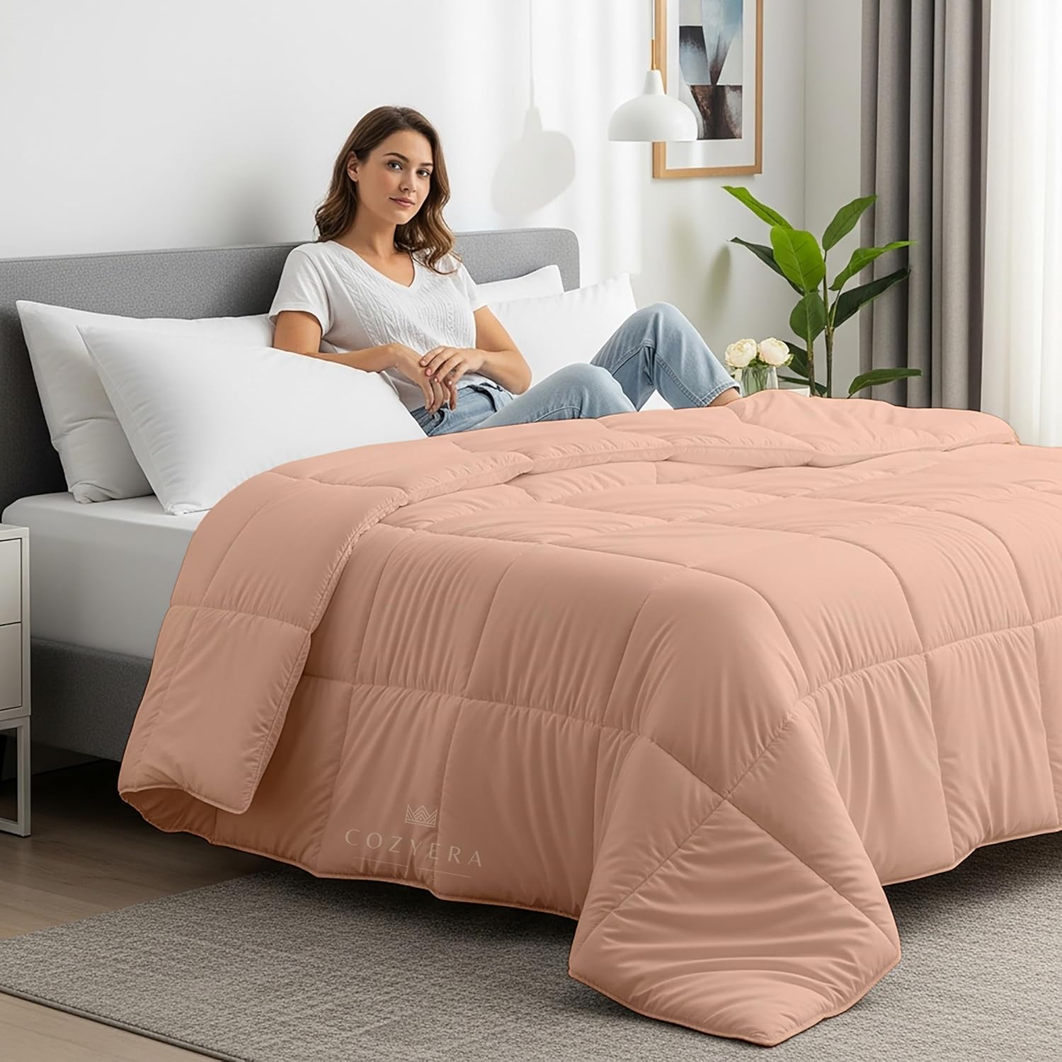 Comforter Set Double Bed| 450 GSM Microfiber Blanket for Winter Double Size (90x100 Inch) Quited Blanket|Extra Warmth Blankets for Winter and Breathable Comforter|Peach