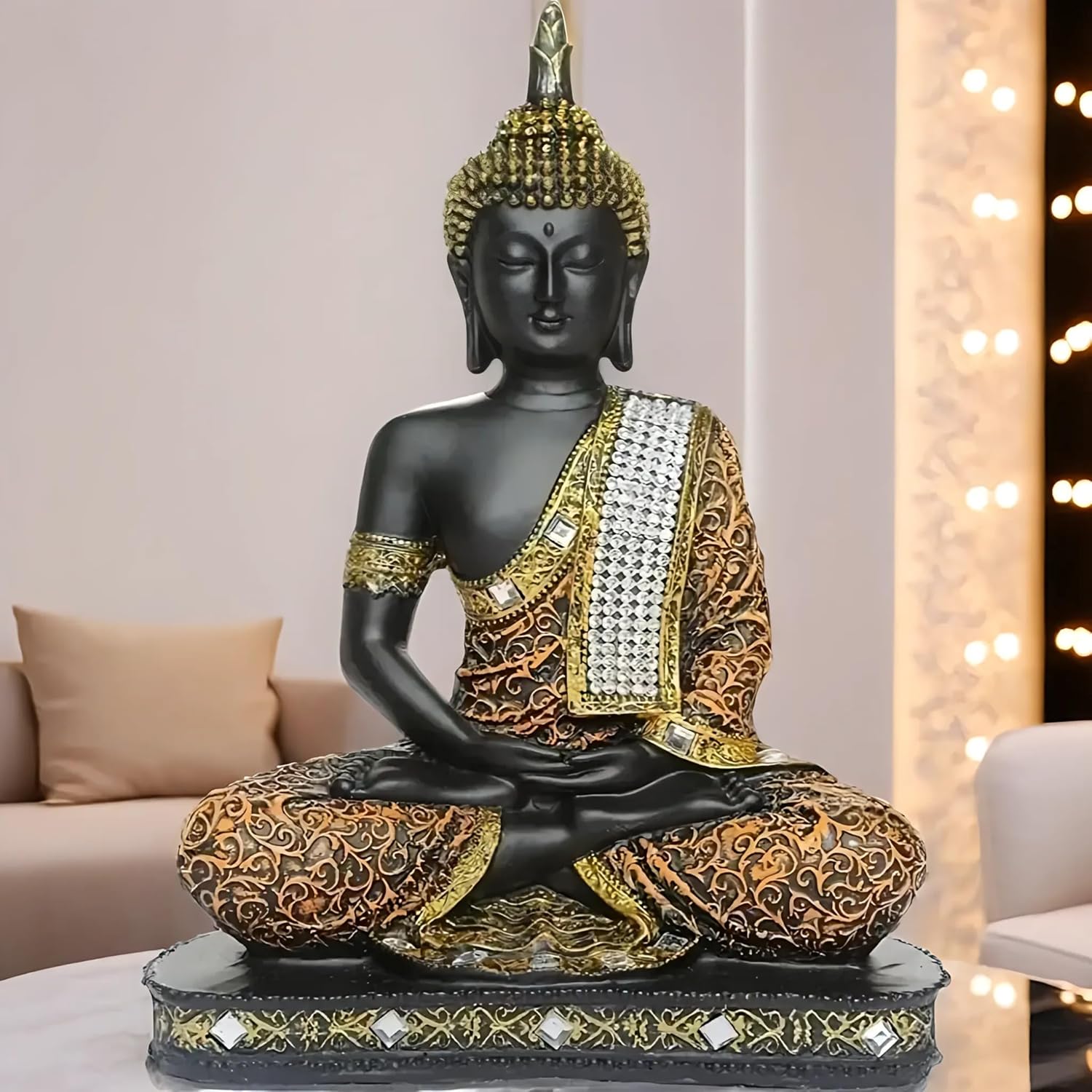 Sitting Buddha Statue showpiece Idol Home Decor Items for Living Room and Gifts (1, Orange Black)