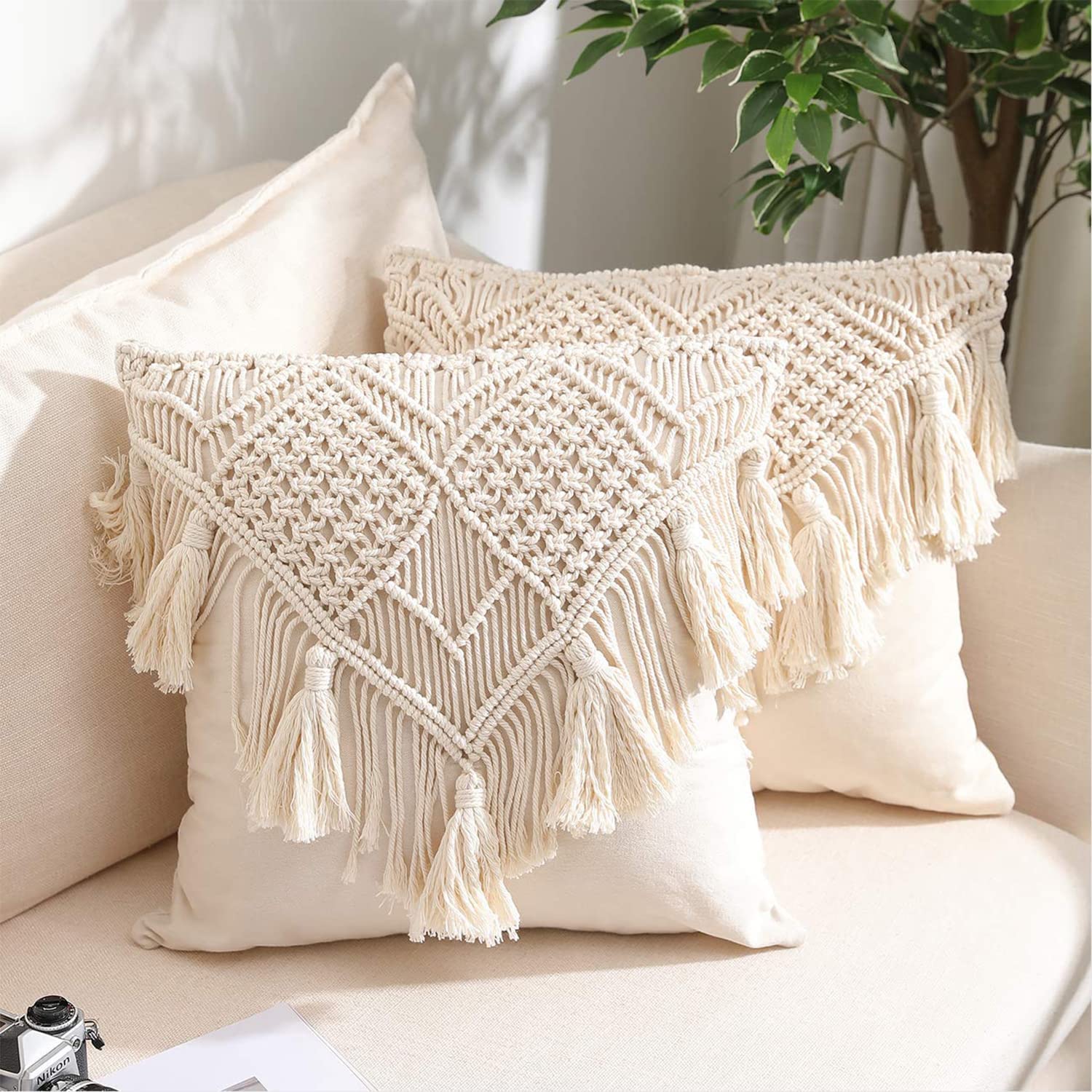 Kaahira Handmade Cotton Macrame Cushion Pillow Cover Boho Home Decor Abstract Pattern 16 x 16 Inch in Off White Color - 1 Pcs (16 x 16) in-250 TC