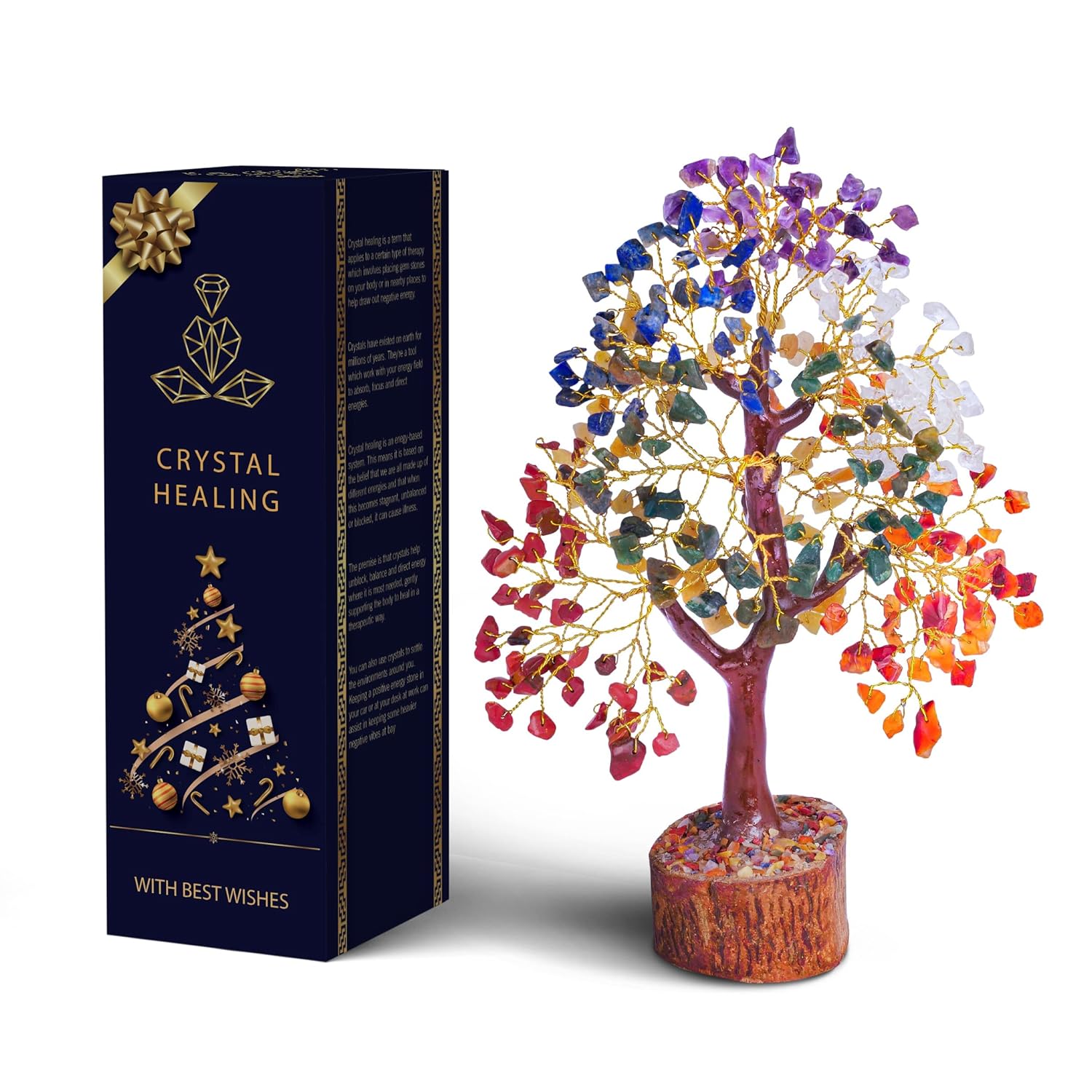 Crystals Gemstones, Seven Chakra Crystal Tree Good Luck Show Pieces for Home Decor Items Decoration Bonsai Money Tree Plant Marriage Gift, Size 10-12 inches, Multicolor Golden Wire