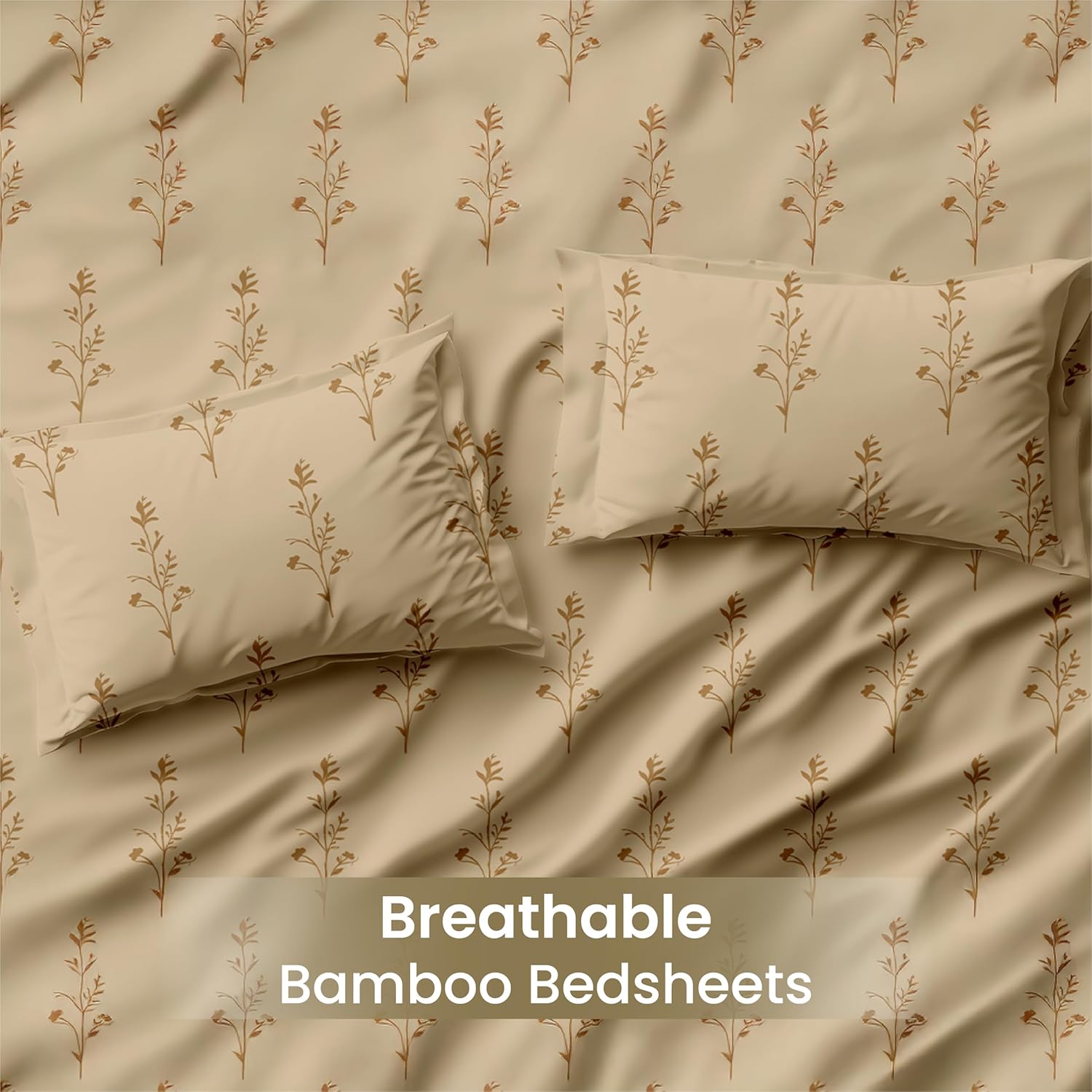 Mush Bamboo King Size Bedsheet with 2 Pillow Covers | 100x106 in | 300 TC Floral Printed Bedsheet for Double Bed King Size | Ultra Soft & Anti-Microbial King Size Sheets | Beige