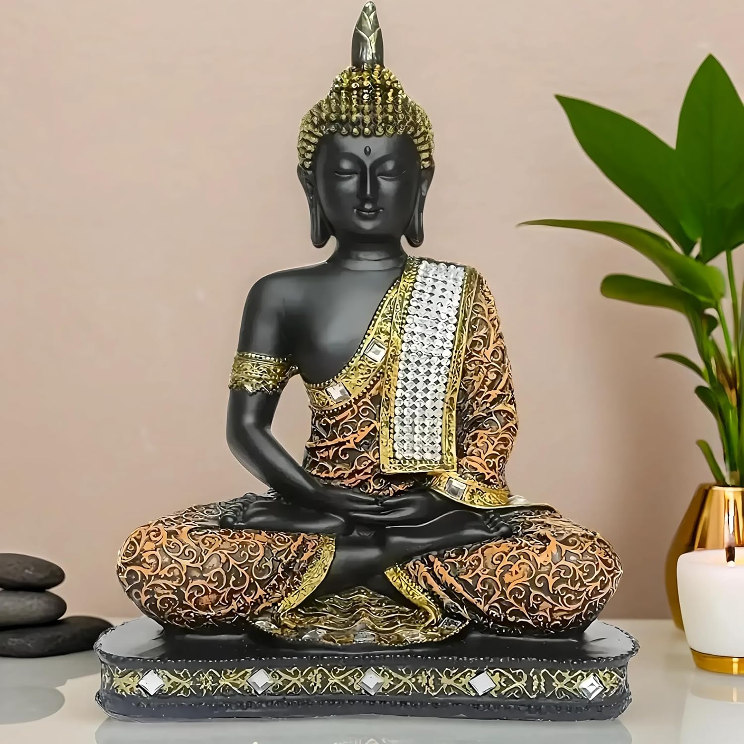 Sitting Buddha Statue showpiece Idol Home Decor Items for Living Room and Gifts (1, Orange Black)