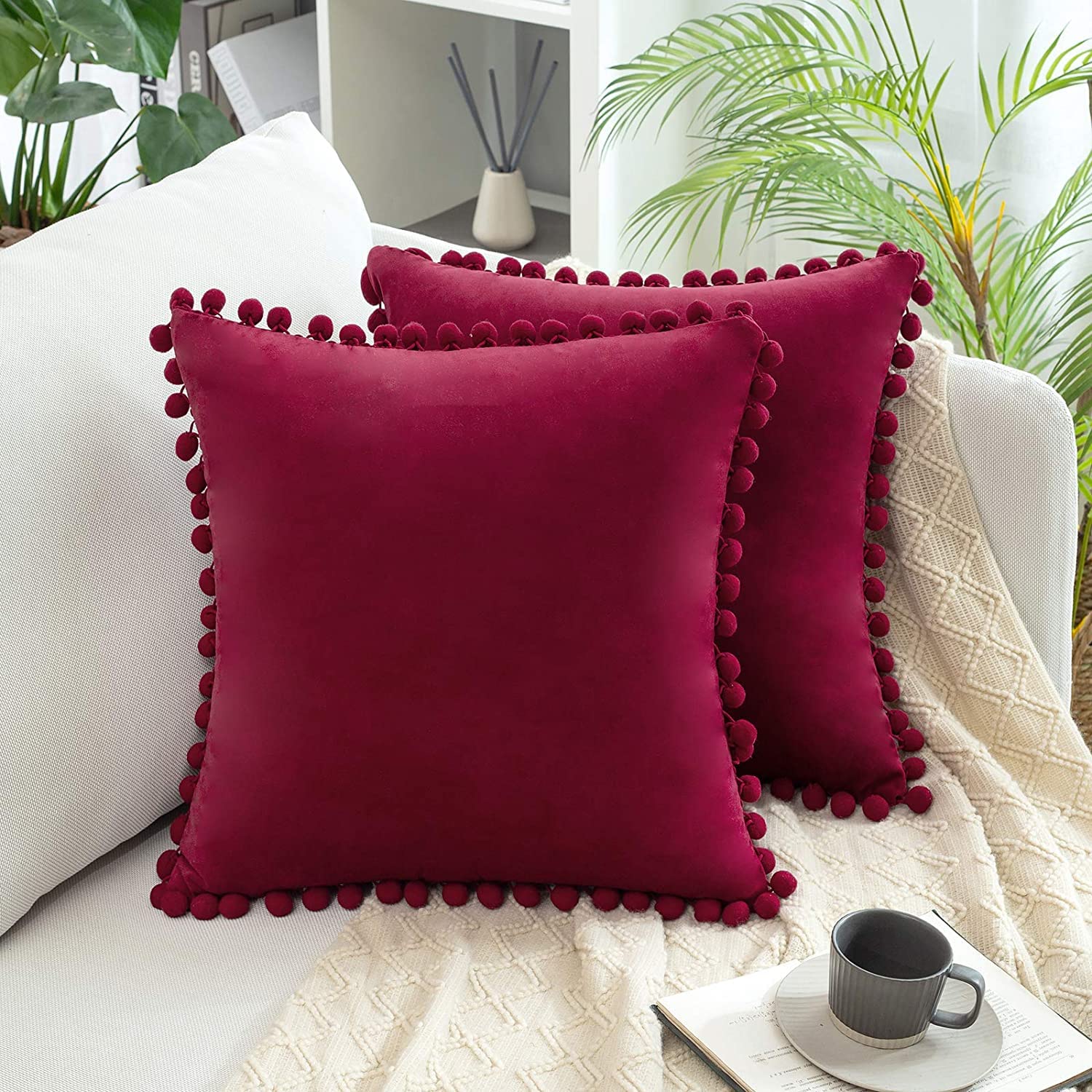 Amazon Brand - Umi Velvet Pompom Cushion Cover 16x16 Inch - Set of 2 Large Square Throw Pillow Covers for Sofa Living Room or Home Decor in Wine Color