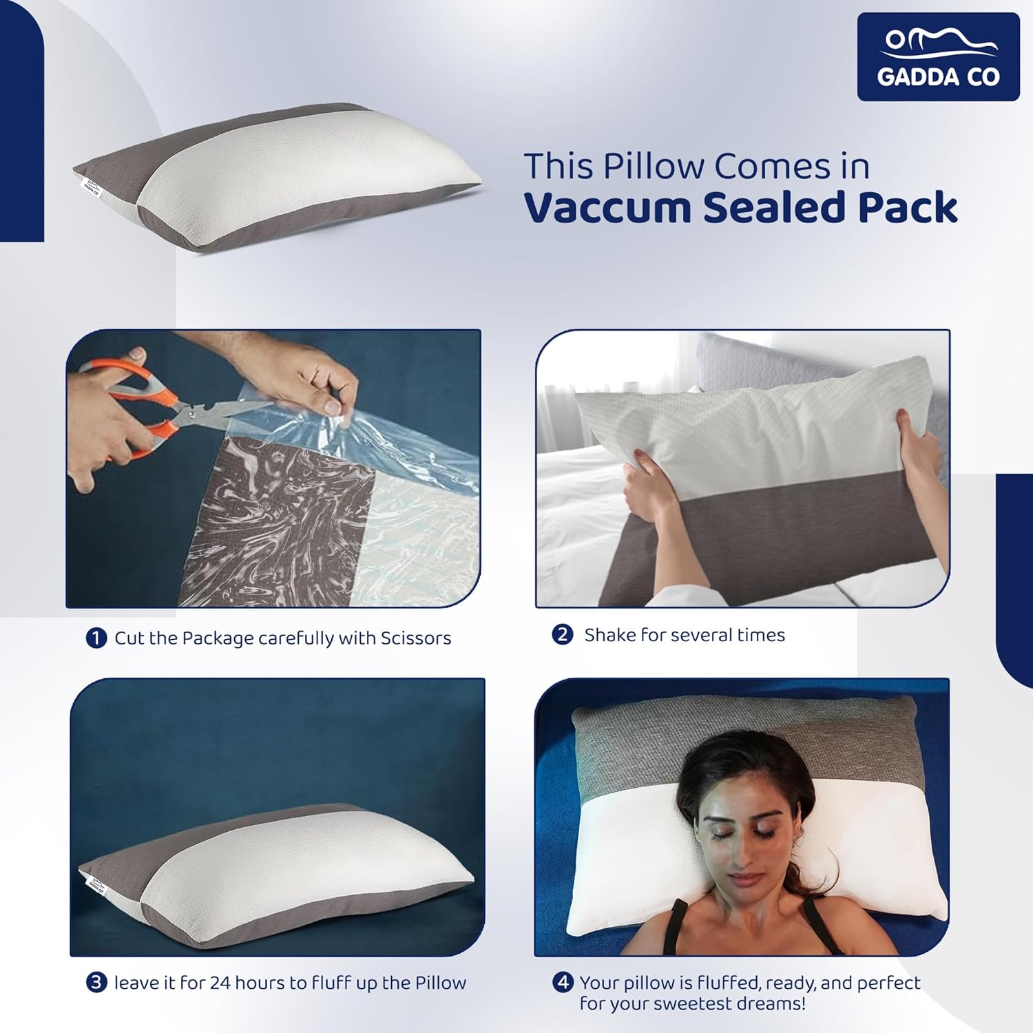 GADDA CO Hollow Sleeping Fiber Pillow with Zip | Set of 2| Height Adjustable Sleeping Bed Pillow, Soft and Fluffy | White and Grey, Standard Size with 3 Months Warranty