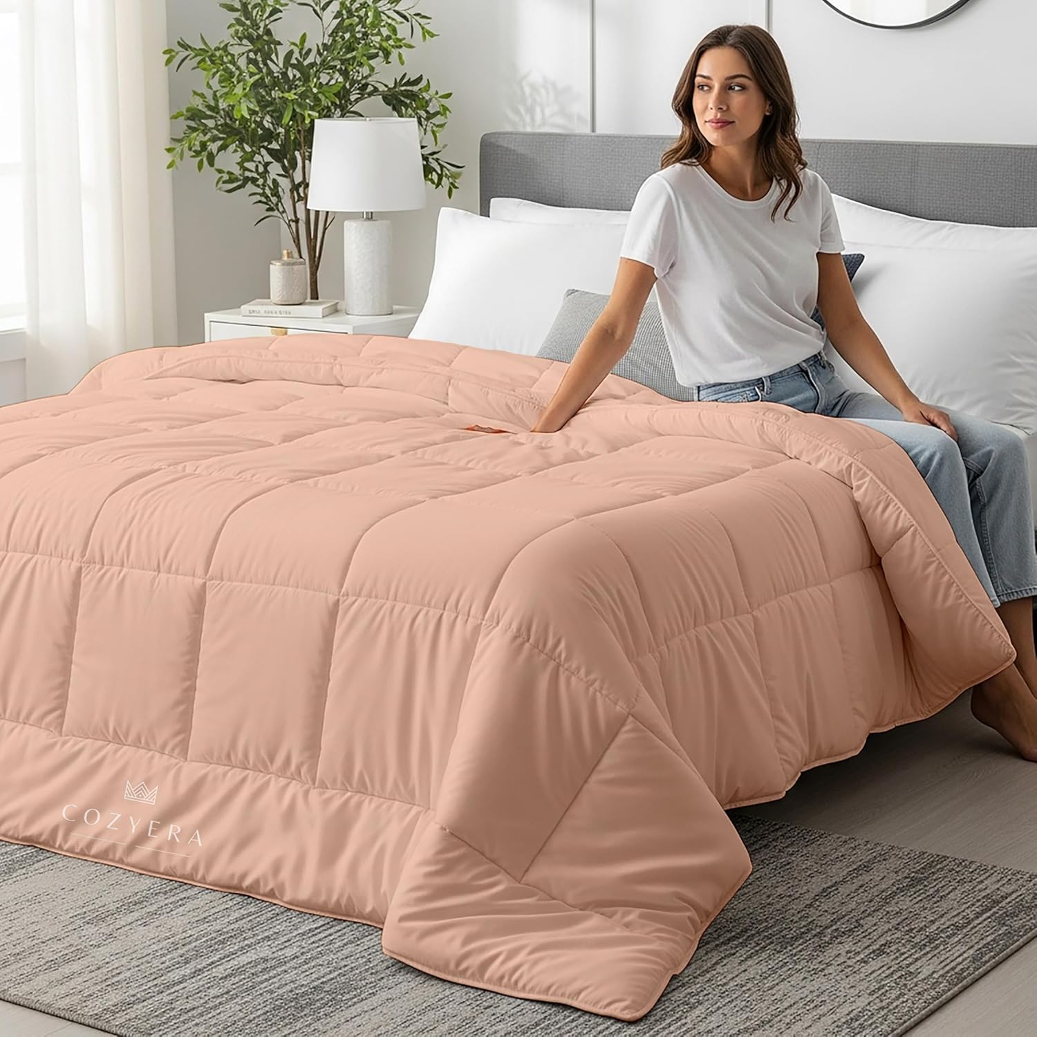 Comforter Set Double Bed| 450 GSM Microfiber Blanket for Winter Double Size (90x100 Inch) Quited Blanket|Extra Warmth Blankets for Winter and Breathable Comforter|Peach
