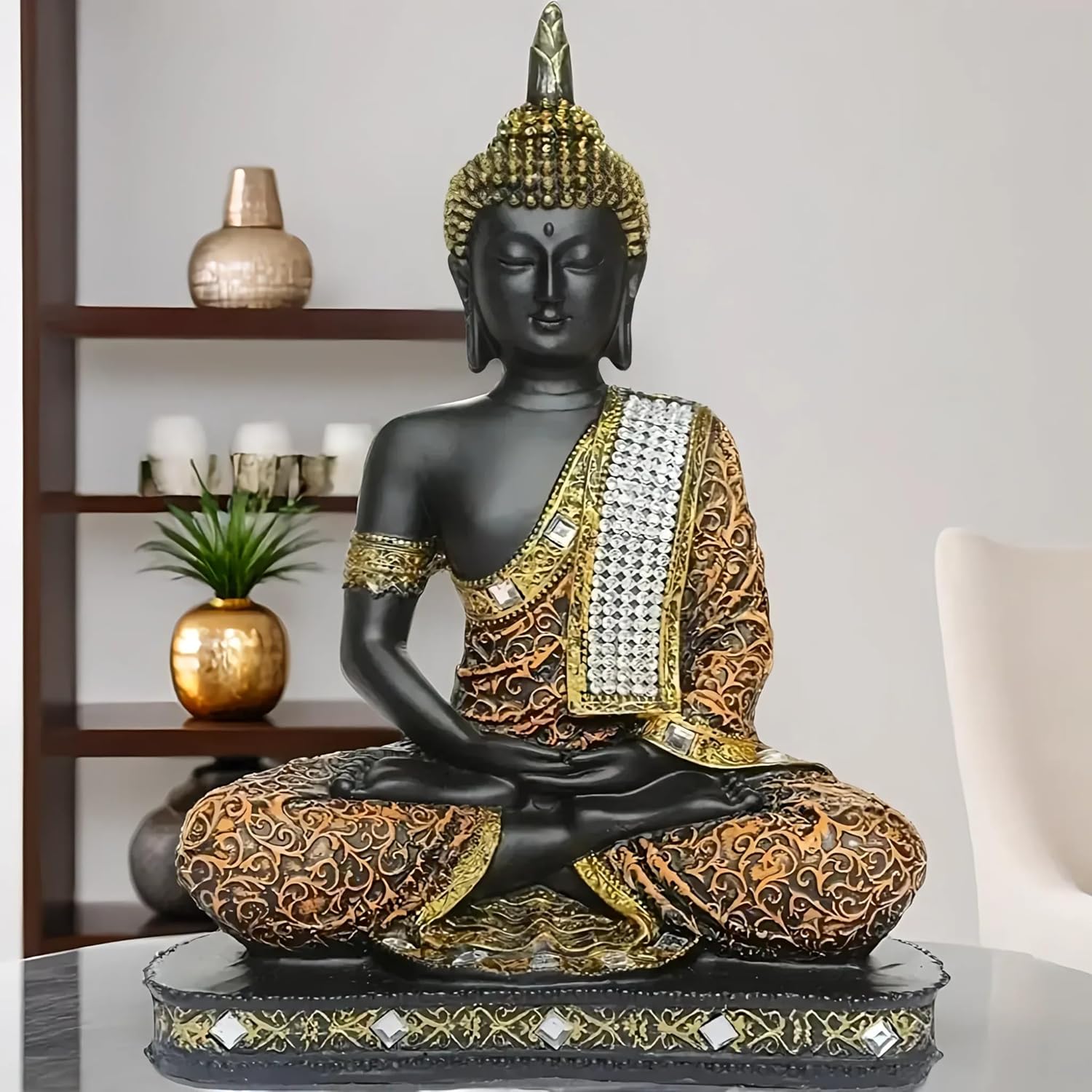 Sitting Buddha Statue showpiece Idol Home Decor Items for Living Room and Gifts (1, Orange Black)