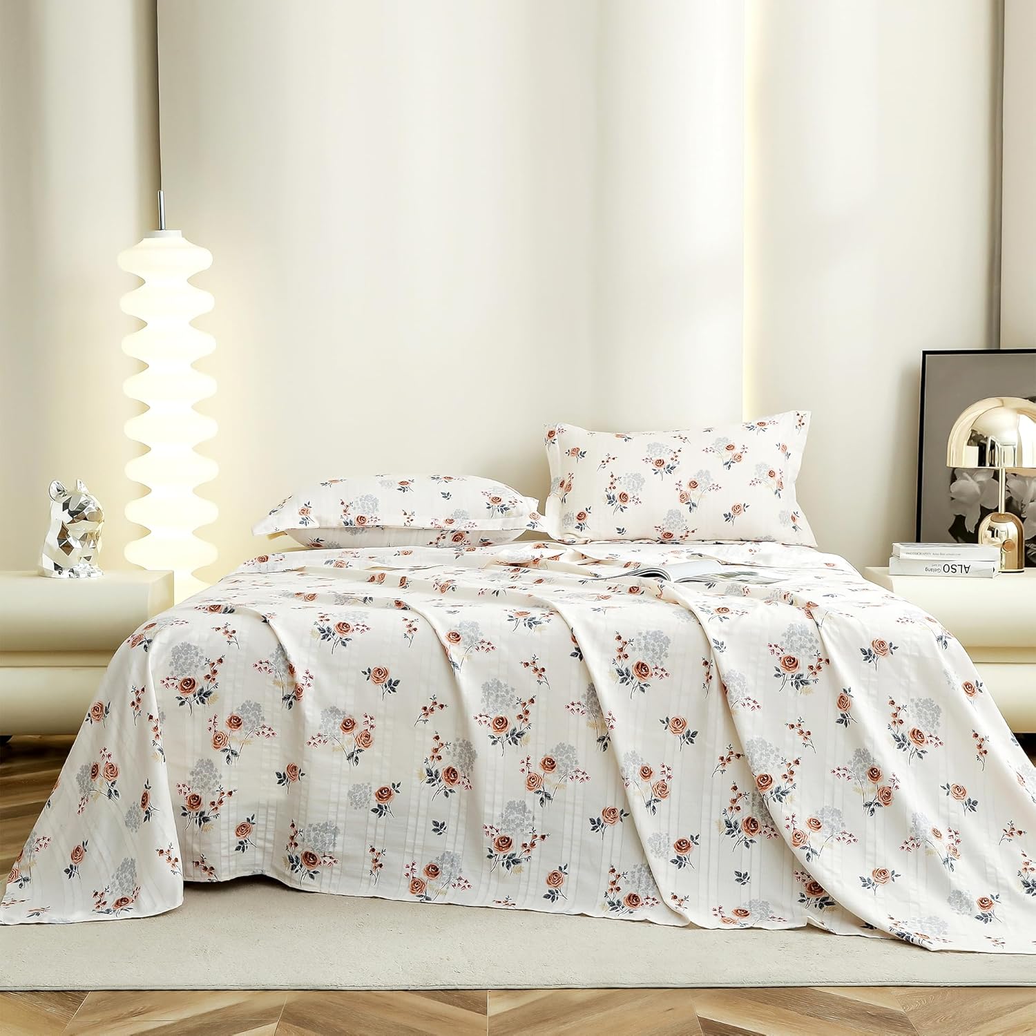 Story@Home Bedsheet for King Size Bed 240TC White & Blue, Motif Design, 1 Piece Cotton bedsheets for King Size Bed with 2 Pillow Covers (270 x270cm) Perfect for Home Decor | 100% Cotton bedsheet