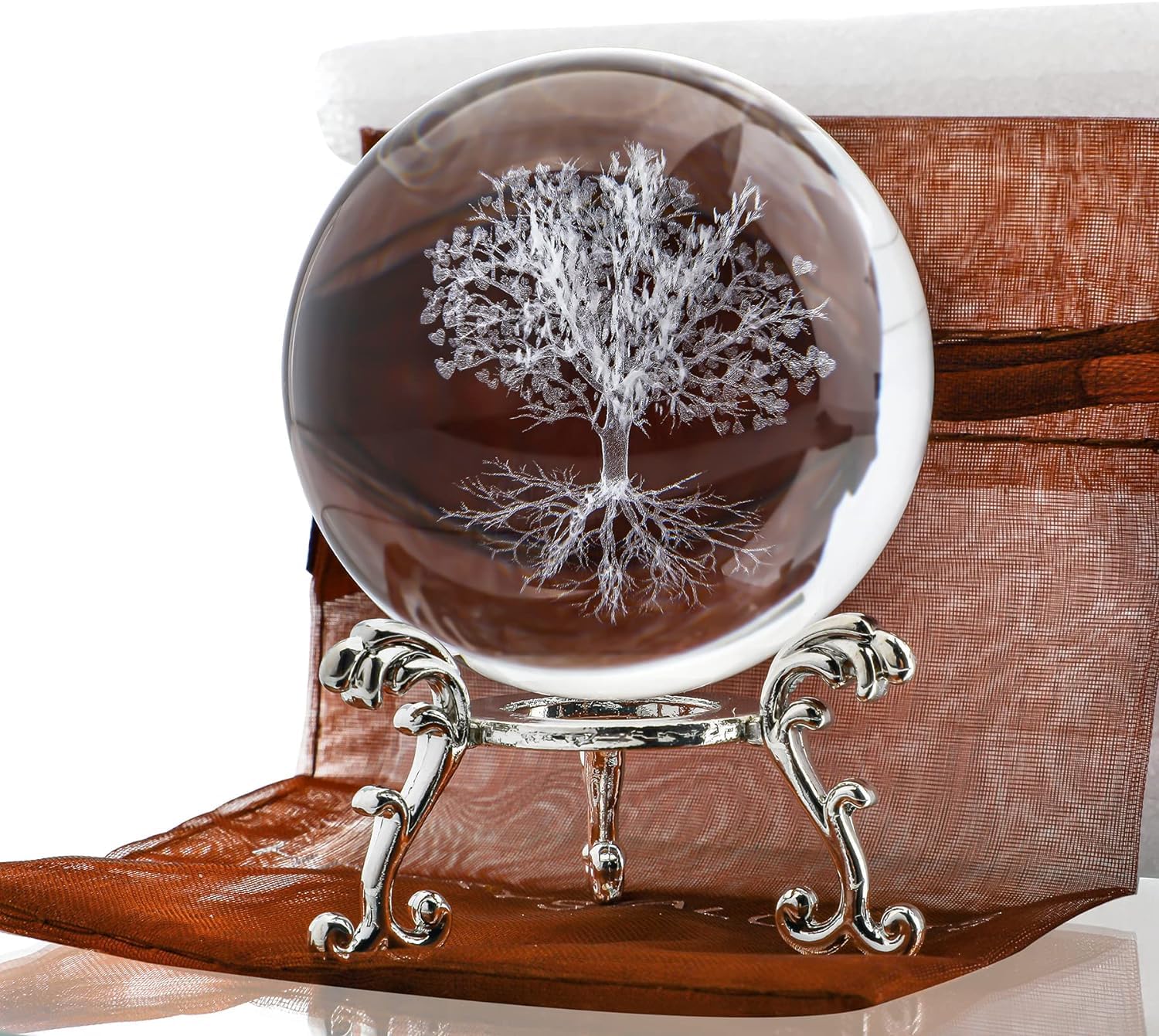 Tree of Life Crystal Ball with Stand Decorative Paperweight 3D Laser Engraved Glass Plant Life Tree Sphere Novelty Home Decor