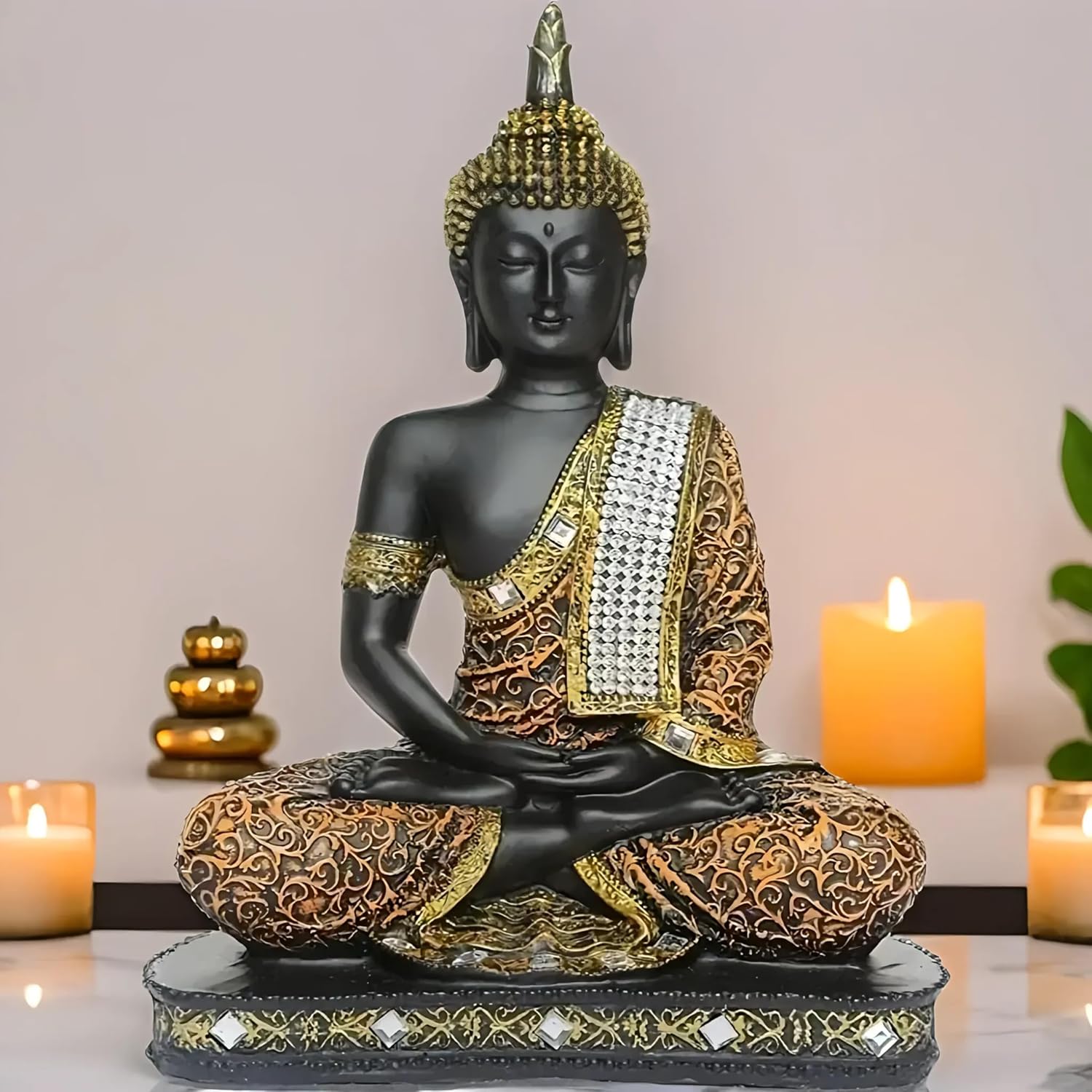 Sitting Buddha Statue showpiece Idol Home Decor Items for Living Room and Gifts (1, Orange Black)