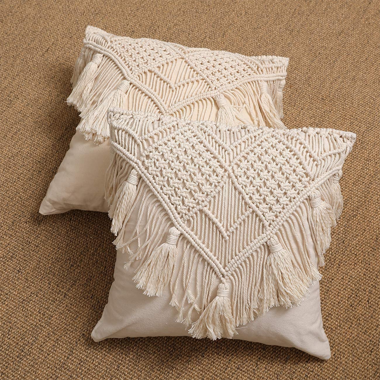 Kaahira Handmade Cotton Macrame Cushion Pillow Cover Boho Home Decor Abstract Pattern 16 x 16 Inch in Off White Color - 1 Pcs (16 x 16) in-250 TC