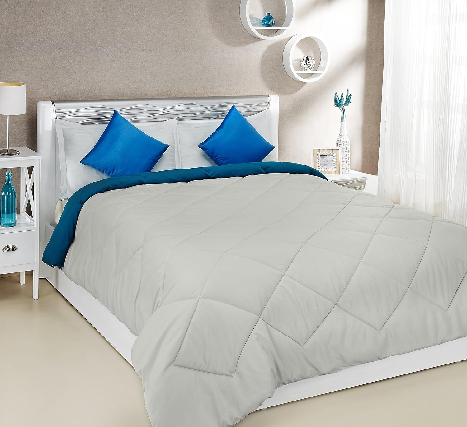 Solimo Microfibre Reversible Comforter, Double (Ash Grey & Deep Teal, 200 GSM)