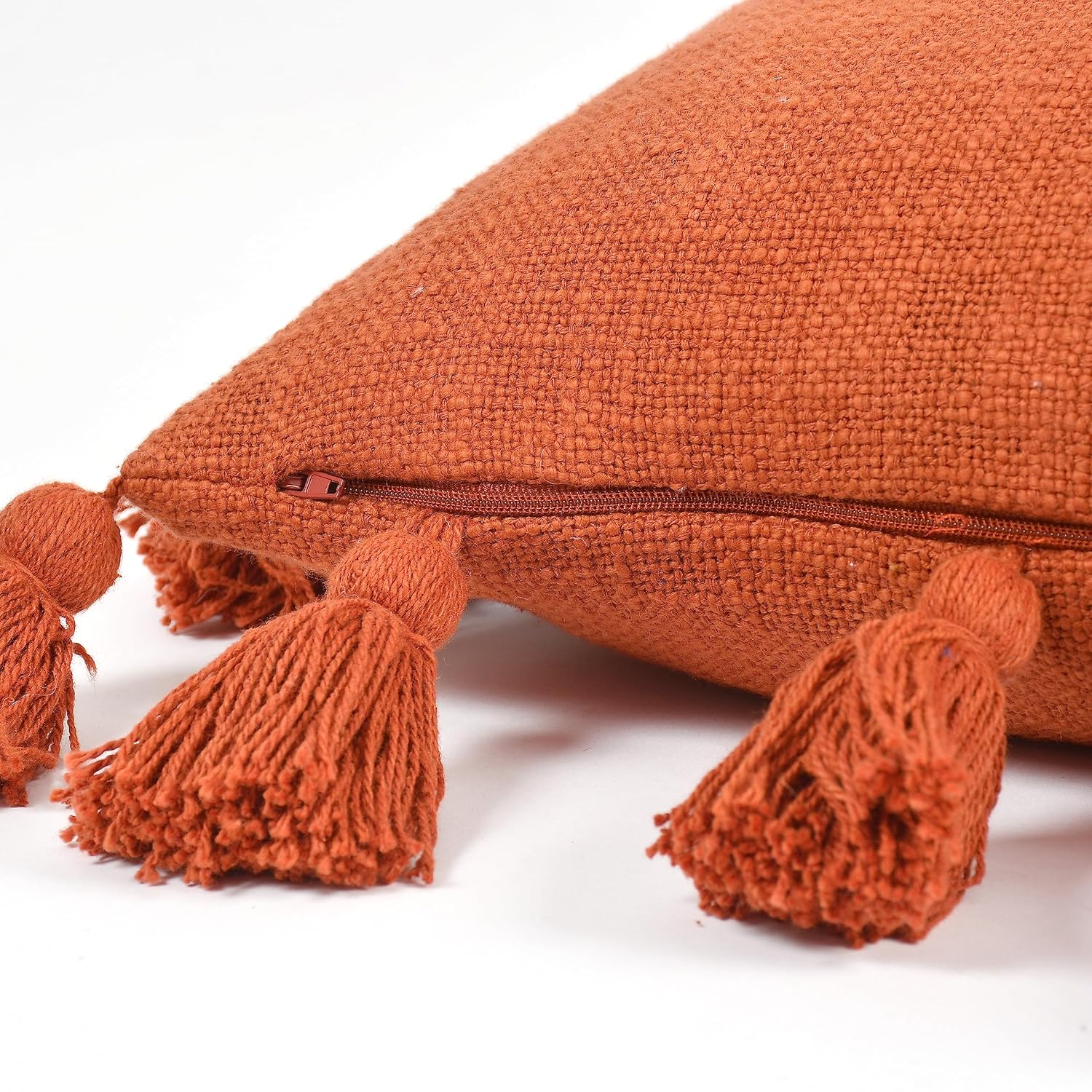 Luxury Cotton Handmade Decorative Boho Throw Pillow Covers with Tassels 16"X16" for Decorative Sofa Couch Living Room Indoor Outdoor Chair Car Farmhouse (Rust, 1)