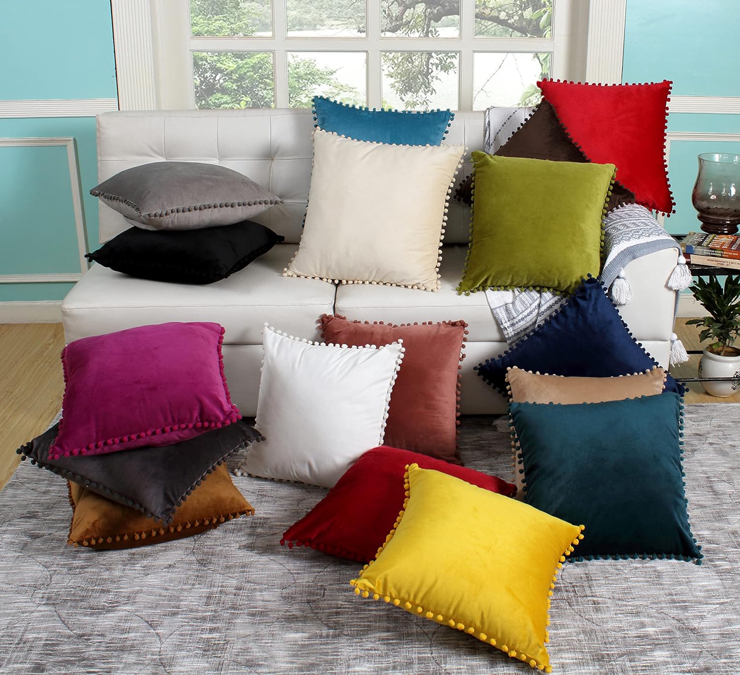 Amazon Brand - Umi Velvet Pompom Cushion Cover 16x16 Inch - Set of 2 Large Square Throw Pillow Covers for Sofa Living Room or Home Decor in Wine Color