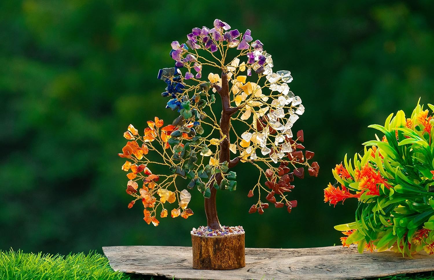 Crystals Gemstones, Seven Chakra Crystal Tree Good Luck Show Pieces for Home Decor Items Decoration Bonsai Money Tree Plant Marriage Gift, Size 10-12 inches, Multicolor Golden Wire
