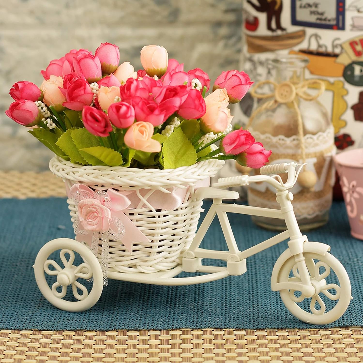 Cycle Shape Flower Vase with Peonies Bunches for Home Decor Center Table Bedroom Living Room Office Bathroom Decorative Gift Items (19 cm x 21 cm)
