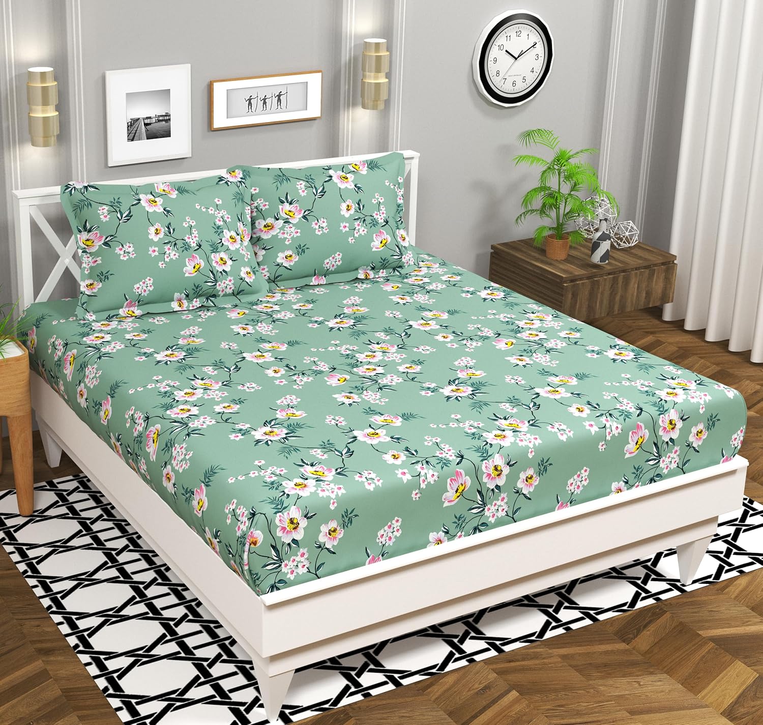 BSB HOME 100% Cotton Feel Double Bed Bedsheet Set | 144 TC Soft & Breathable | Mint Green White Flower Print with 2 Pillow Covers | Wrinkle Free | for Bedroom (90 x 90 Inches)