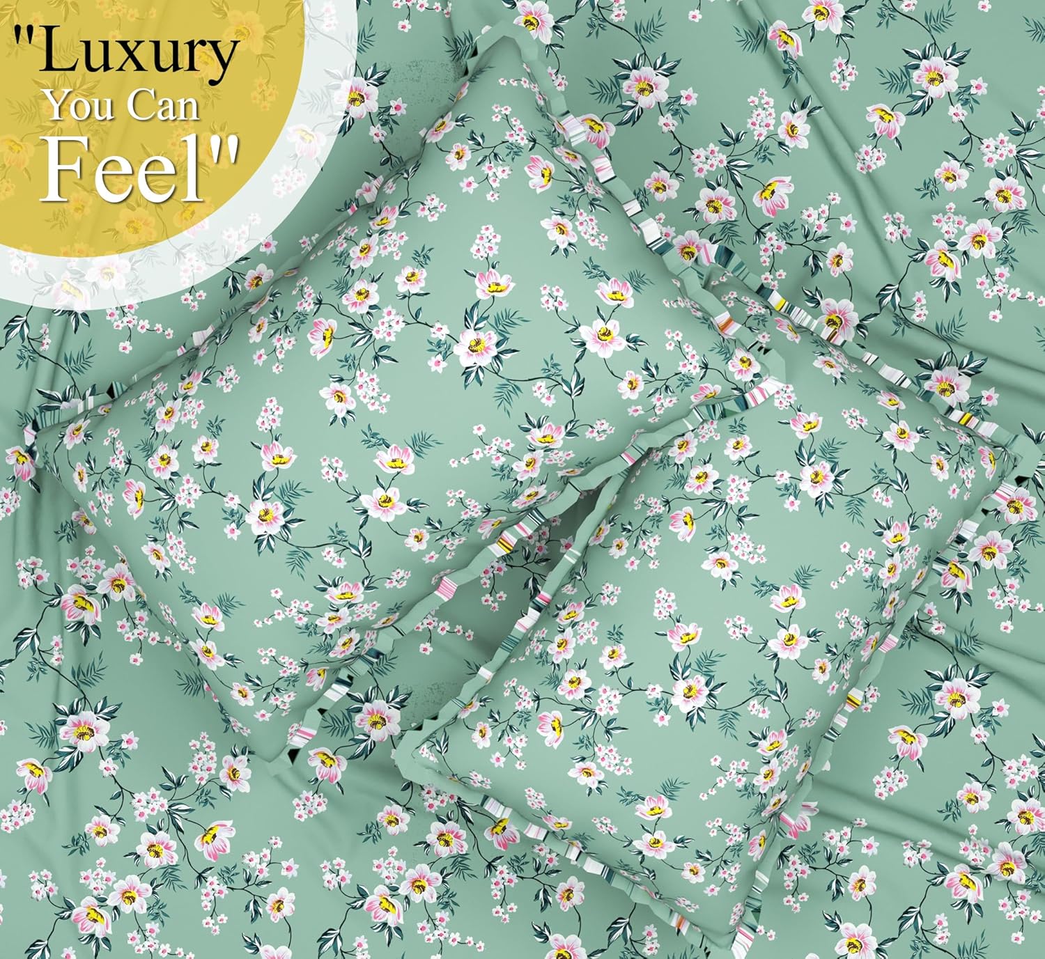 BSB HOME 100% Cotton Feel Double Bed Bedsheet Set | 144 TC Soft & Breathable | Mint Green White Flower Print with 2 Pillow Covers | Wrinkle Free | for Bedroom (90 x 90 Inches)