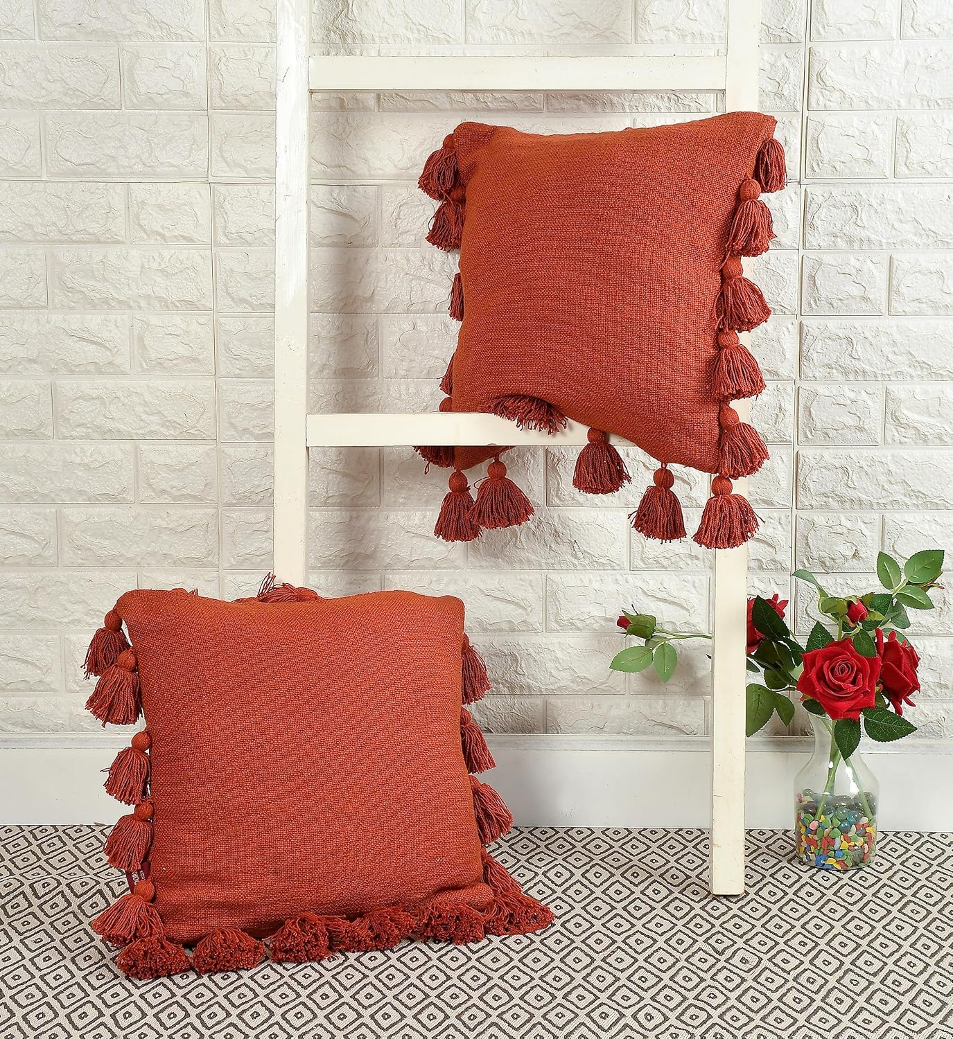 Luxury Cotton Handmade Decorative Boho Throw Pillow Covers with Tassels 16"X16" for Decorative Sofa Couch Living Room Indoor Outdoor Chair Car Farmhouse (Rust, 1)