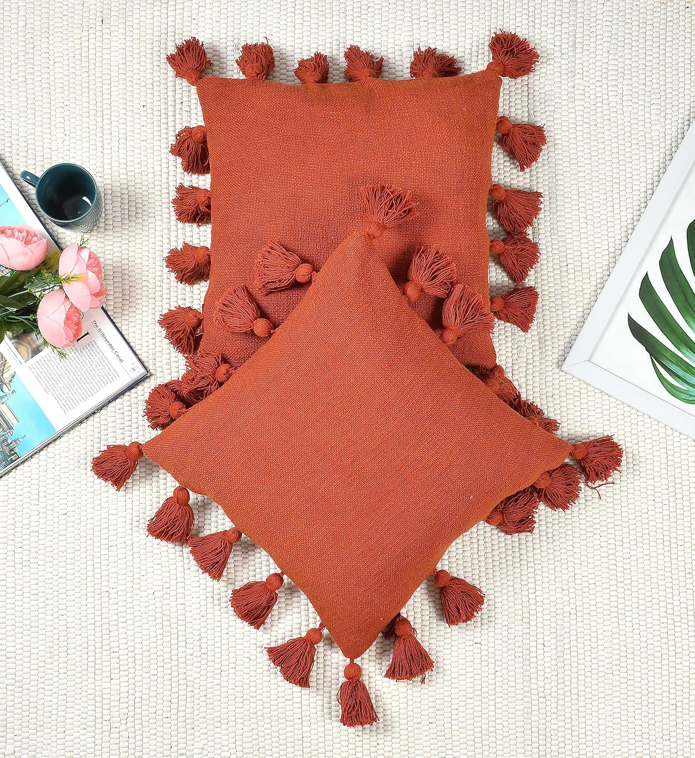 Luxury Cotton Handmade Decorative Boho Throw Pillow Covers with Tassels 16"X16" for Decorative Sofa Couch Living Room Indoor Outdoor Chair Car Farmhouse (Rust, 1)