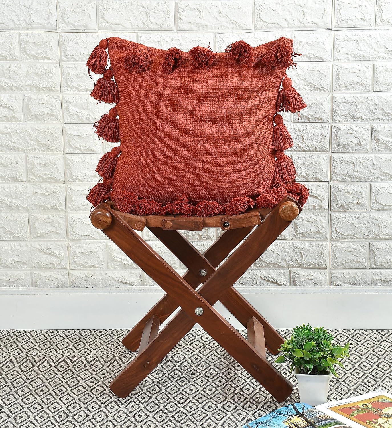 Luxury Cotton Handmade Decorative Boho Throw Pillow Covers with Tassels 16"X16" for Decorative Sofa Couch Living Room Indoor Outdoor Chair Car Farmhouse (Rust, 1)