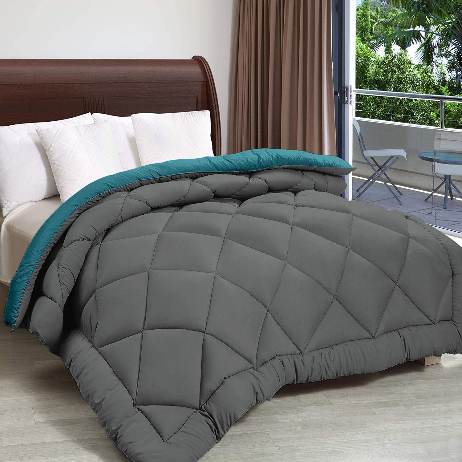Cloth Fusion Reversible AC Comforter Set Double Bed 220 GSM,Soft Microfibre King Size Quilt Blanket for Winter(90x100 inches, Teal & Light Grey)