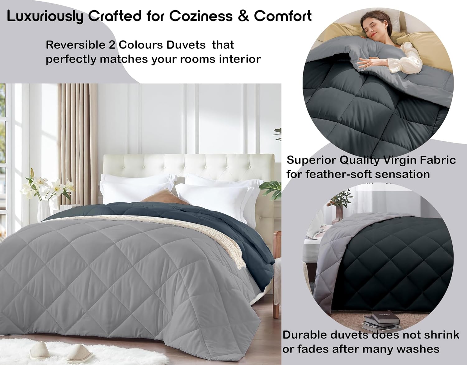 AYKA Reversible Comforter 220 GSM Microfiber Reversible AC Comforter/Blanket for Winter/Quilt/Duvets for King Size Double Bed Comforter (Grey & Charcoal, Double)