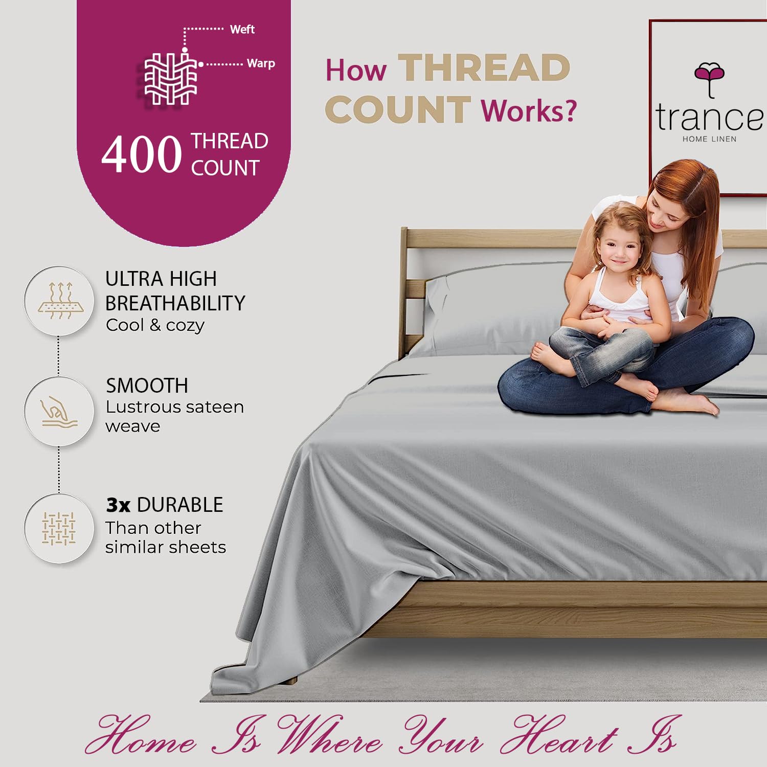 Pure 100% Cotton 400TC Plain Single Size Bedsheet with 1 Pillow Cover (54 x 90 Inch, Silver Grey)