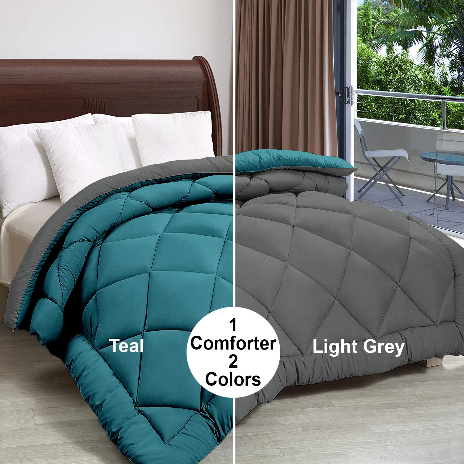Cloth Fusion Reversible AC Comforter Set Double Bed 220 GSM,Soft Microfibre King Size Quilt Blanket for Winter(90x100 inches, Teal & Light Grey)