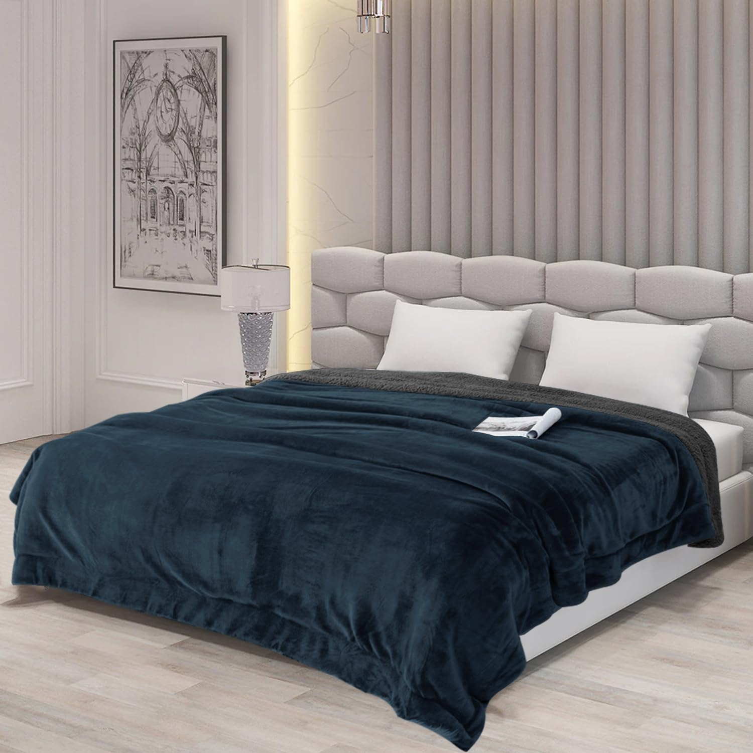 Cloth Fusion Fleece Sherpa Blanket for Winter Single Bed 400GSM,Soft Quilt Blanket for Comfort & Warmth (60X90 Inches, Navy & Grey)