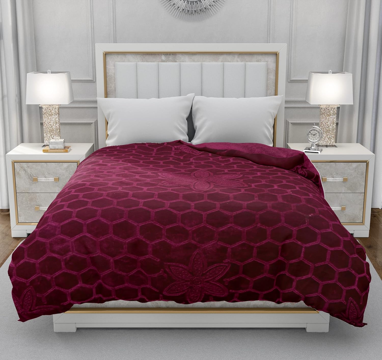 BENAVJI Mink Floral Embossed Super Soft AC Bed Velvet for Winter Blanket (Single, Burgundy)