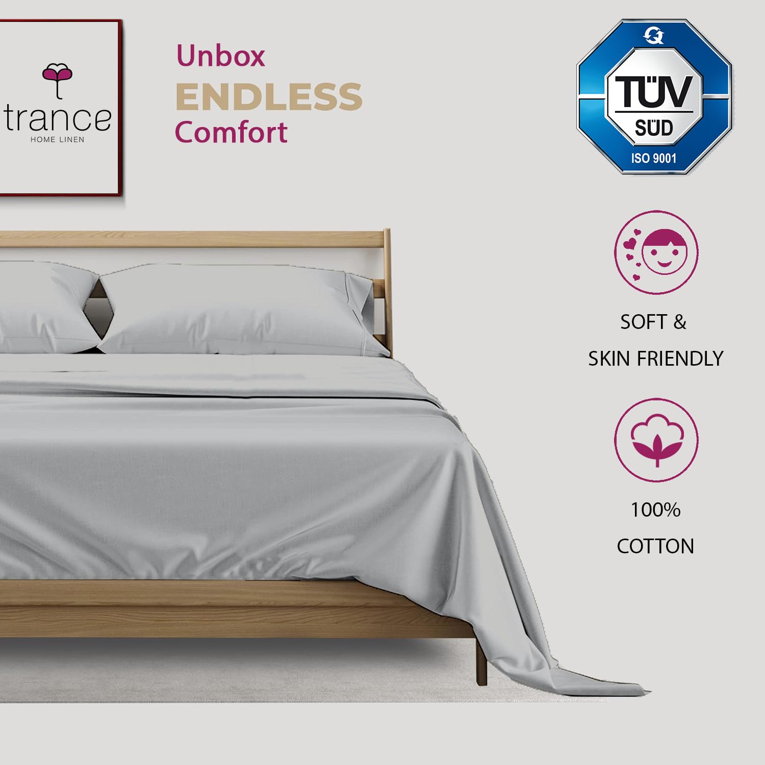 Pure 100% Cotton 400TC Plain Single Size Bedsheet with 1 Pillow Cover (54 x 90 Inch, Silver Grey)